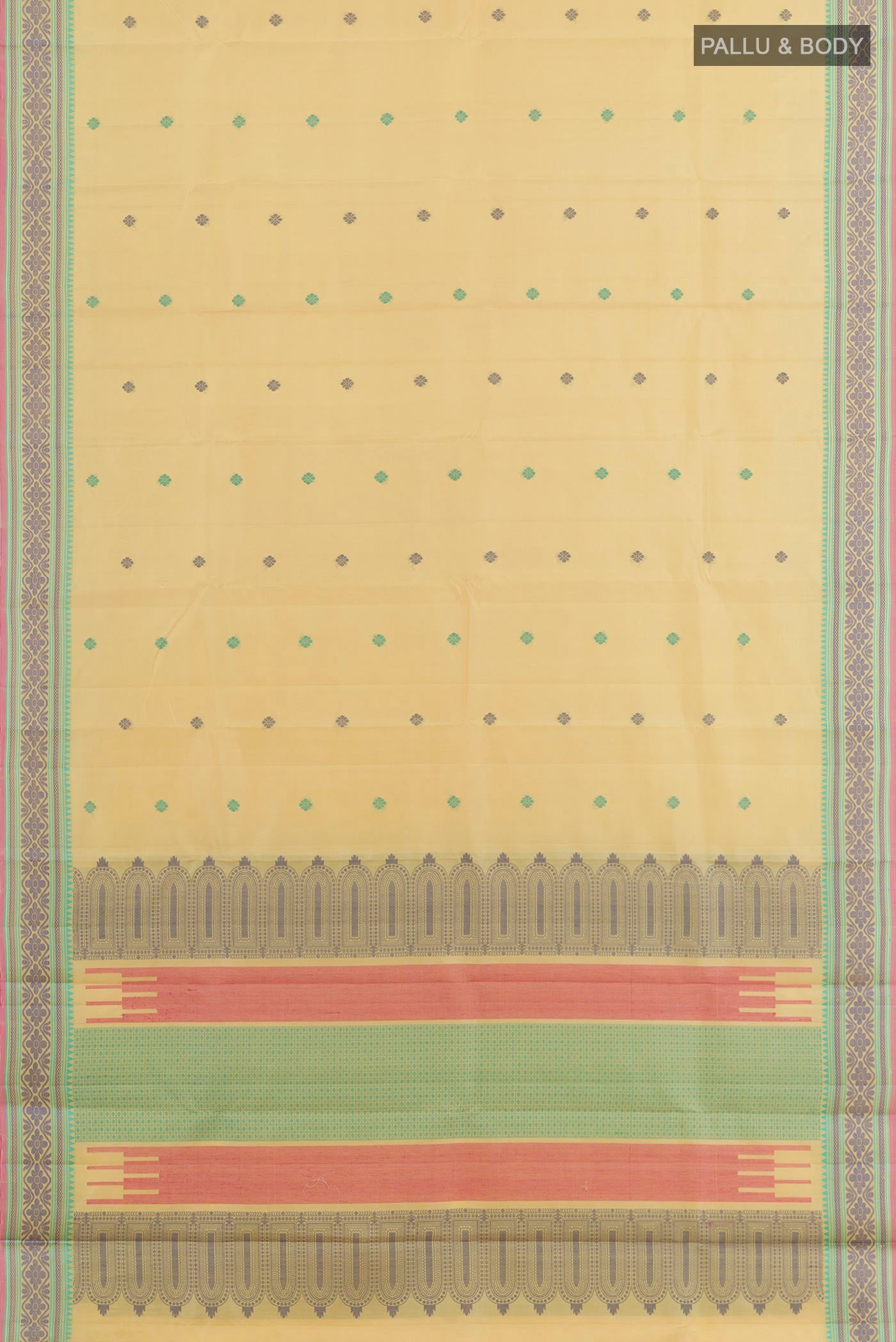 Flat view of Lemon Yellow Kanchipuram Silk Saree with Jacquard design on the body and Thread Embroidery Border. 