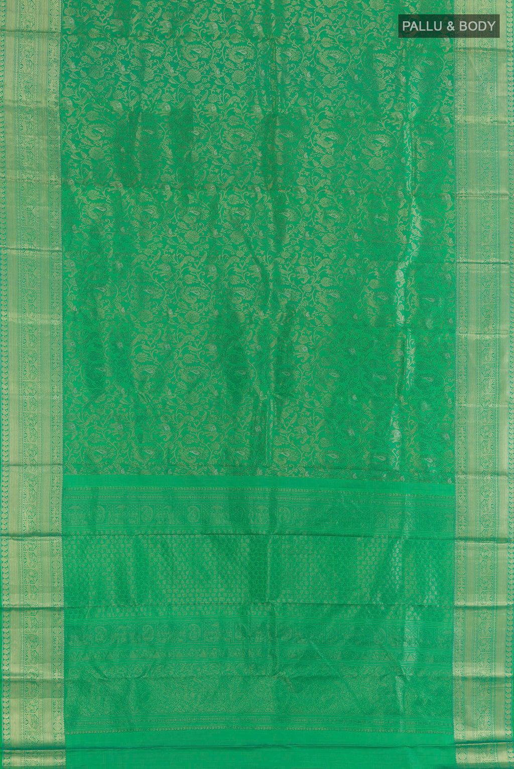 Flat view of Pure Silk Green Kanjivaram Saree with Zari Brocade on the body and Zari Border. 