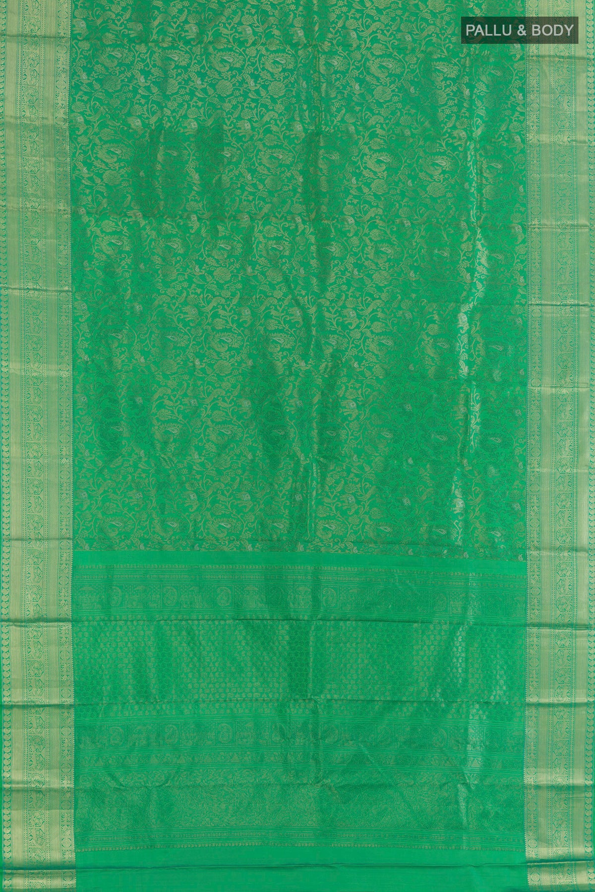 Flat view of Pure Silk Green Kanjivaram Saree with Zari Brocade on the body and Zari Border. 