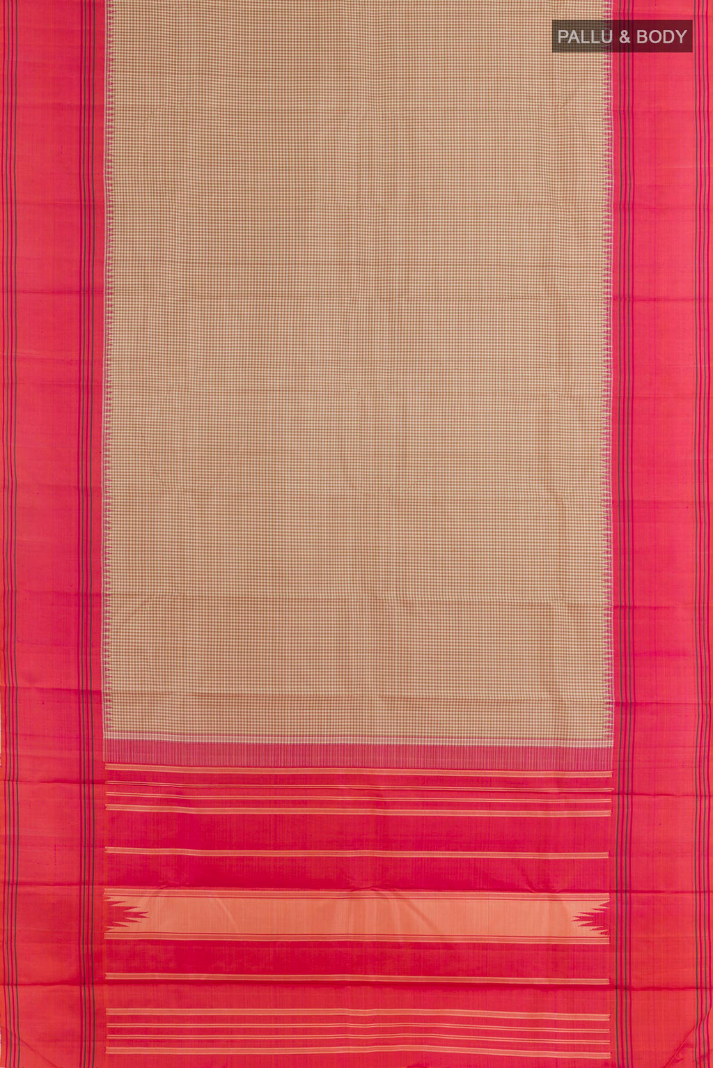 Flat view of Olive Green Kanjivaram Silk Saree with Checked design on the body and Zari Border. 