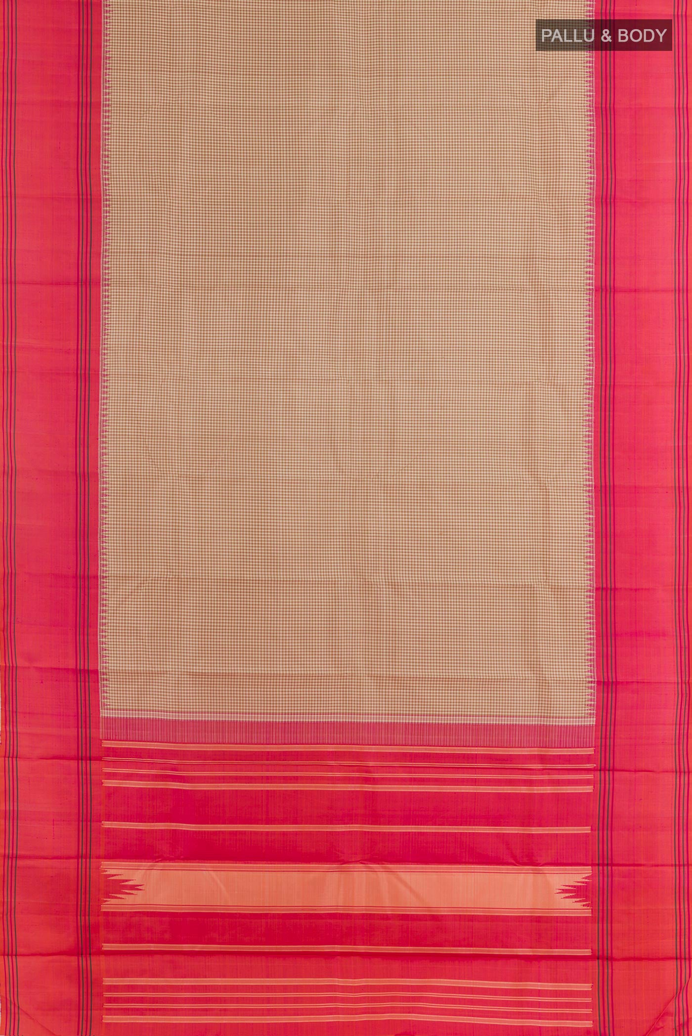 Flat view of Olive Green Kanjivaram Silk Saree with Checked design on the body and Zari Border. 