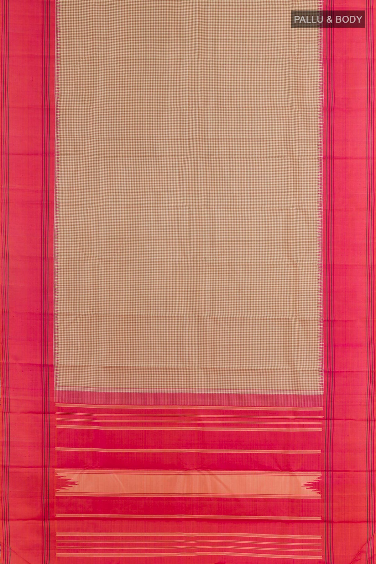 Flat view of Olive Green Kanjivaram Silk Saree with Checked design on the body and Zari Border. 