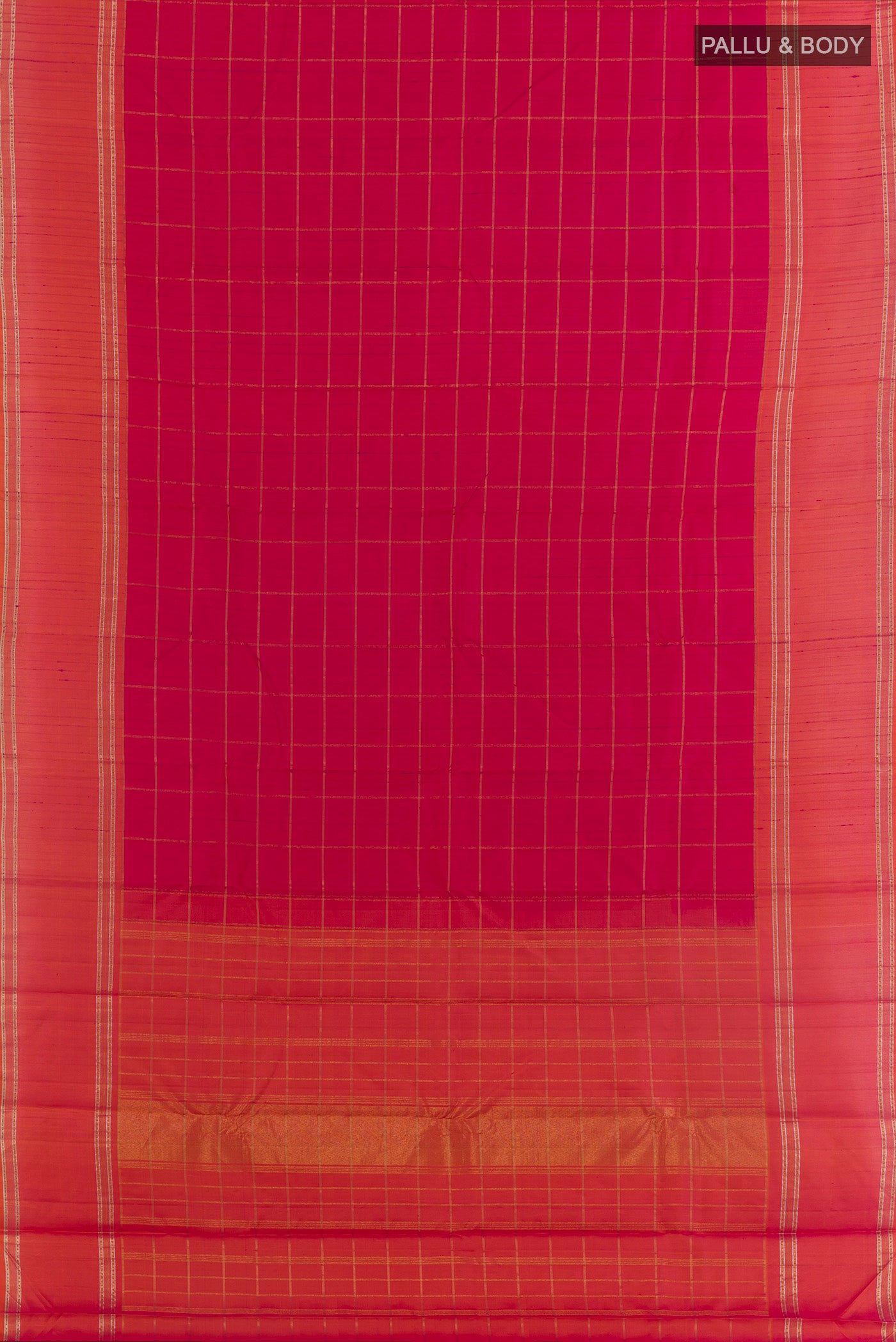 Flat view of Pink Kanchipuram Silk Saree with Checked design on the body and Plain Border. 