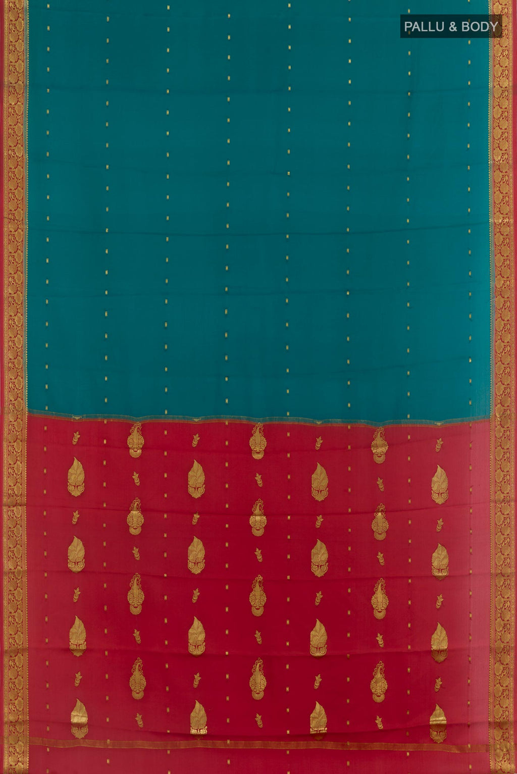 Flat view of Teal Mysore Crepe Saree with Zari Butta on the body and Zari Border. 