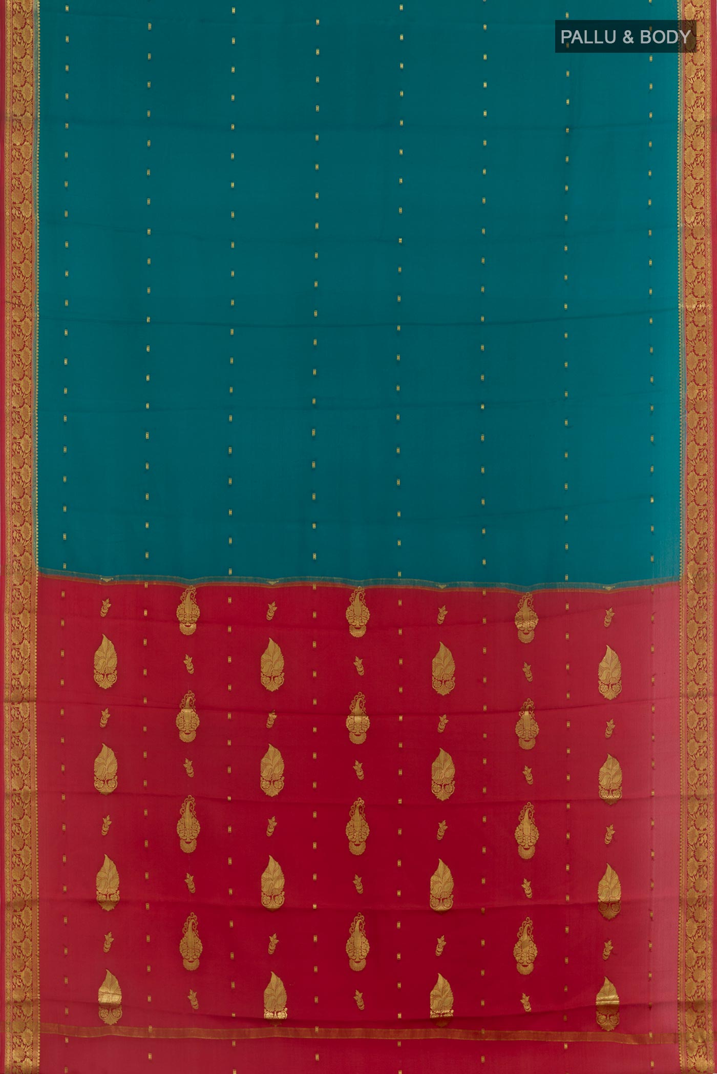 Flat view of Teal Mysore Crepe Saree with Zari Butta on the body and Zari Border. 