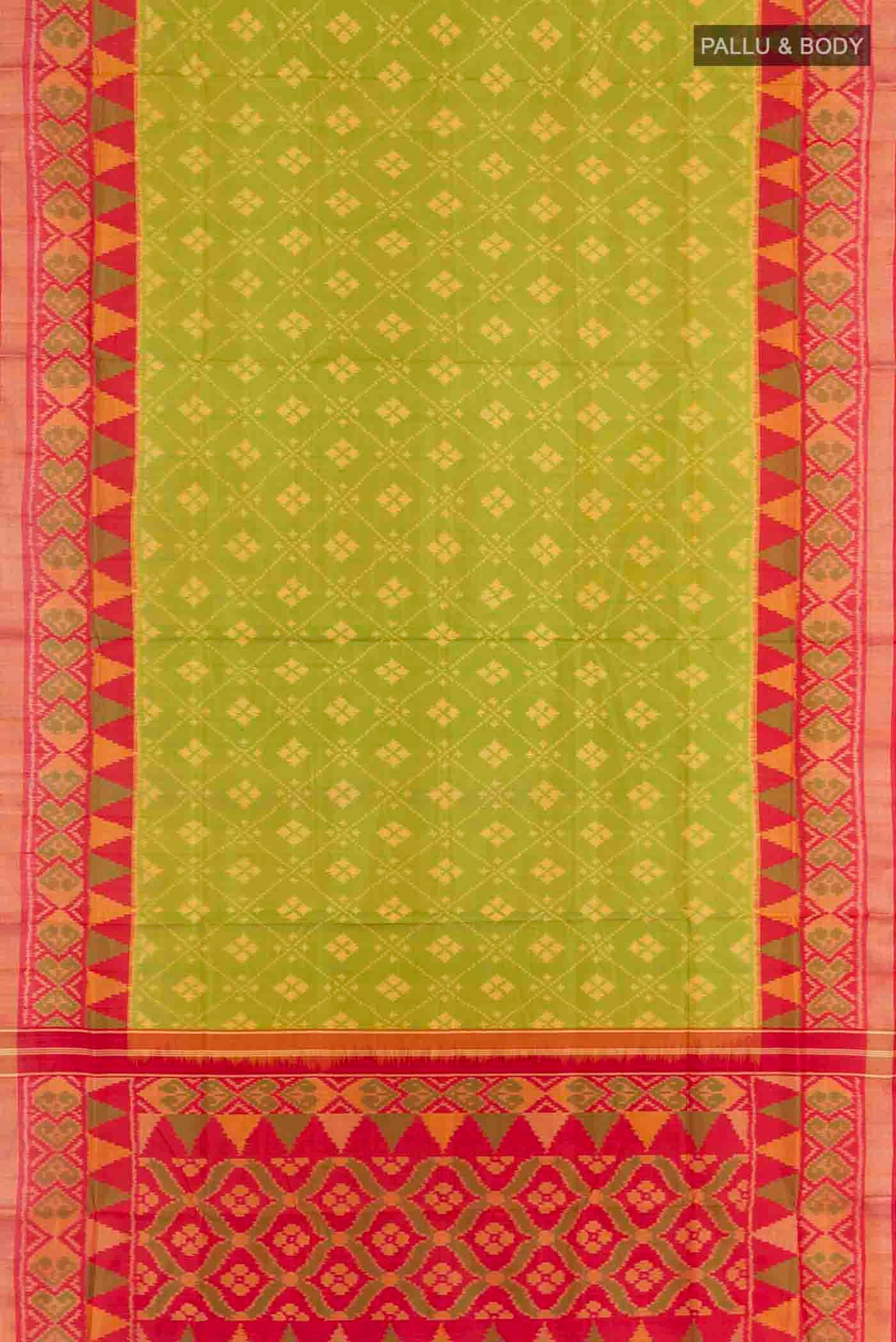 Flat view of Green Rajkot Patola Silk Saree with Pure Ikat on the body and Zari Border