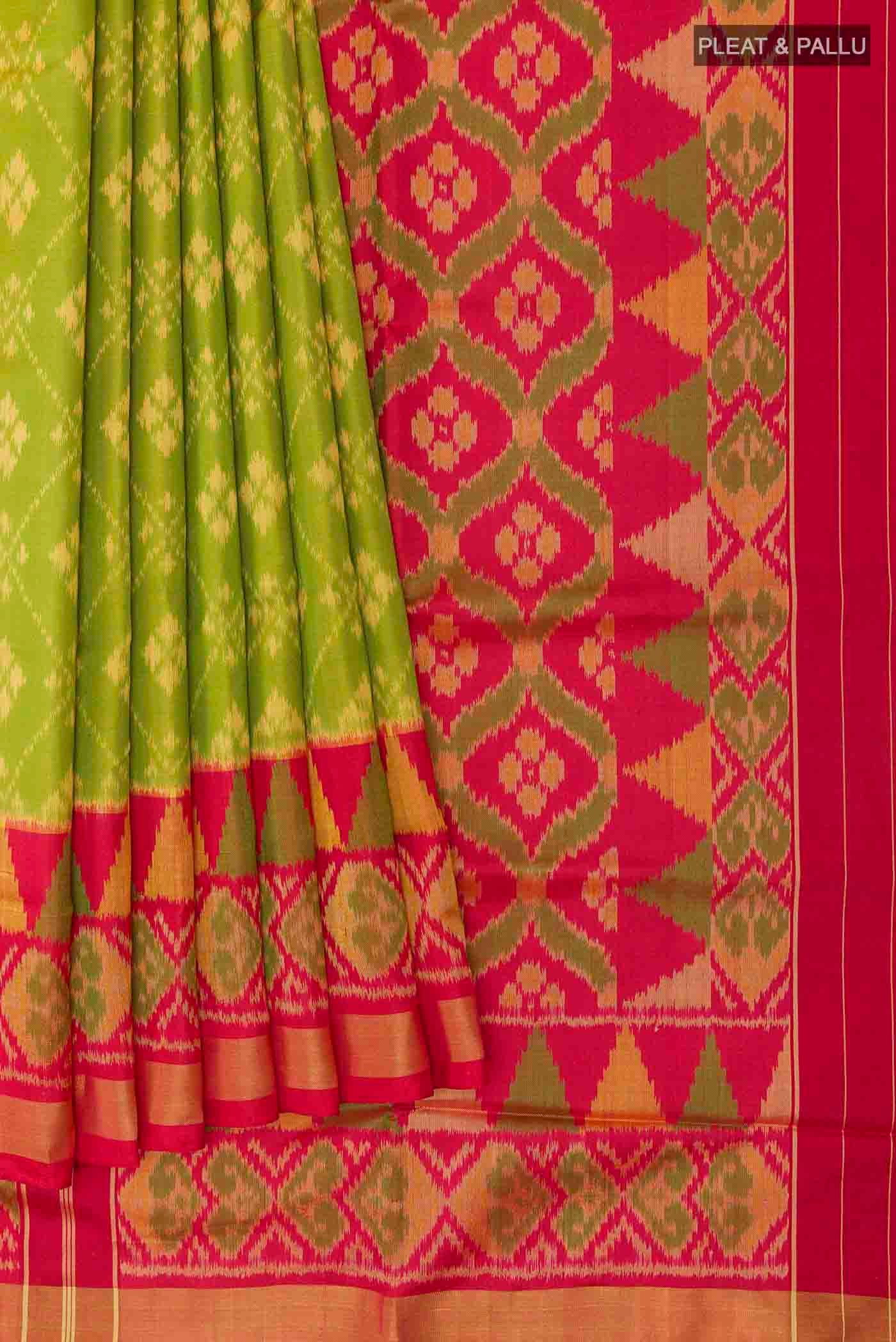 Pleats and pallu of Green Rajkot Patola Silk Saree with Pure Ikat on the body and Zari Border
