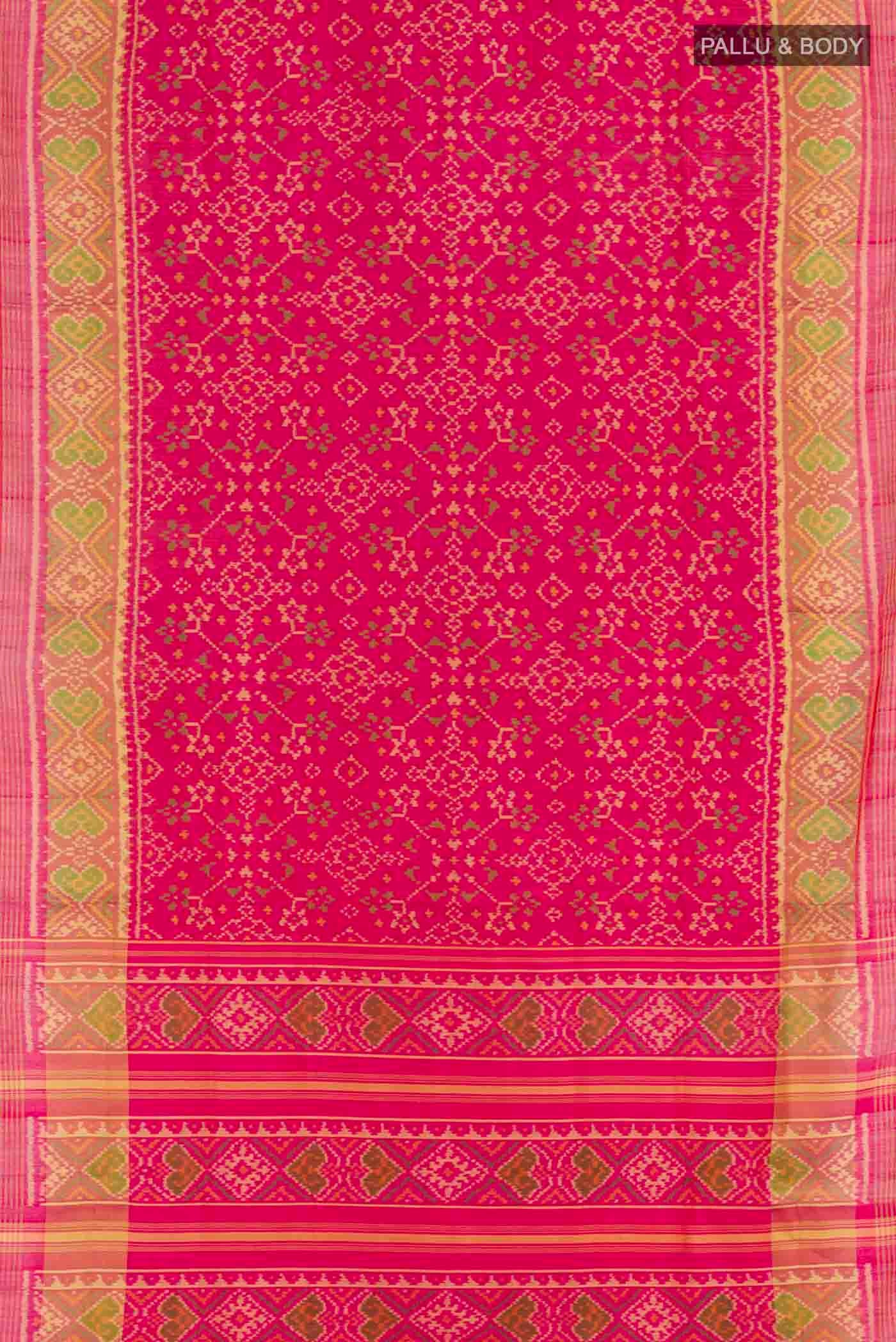 Flat view of Pink Rajkot Patola Silk Saree with Ikat design on the body and Zari Border