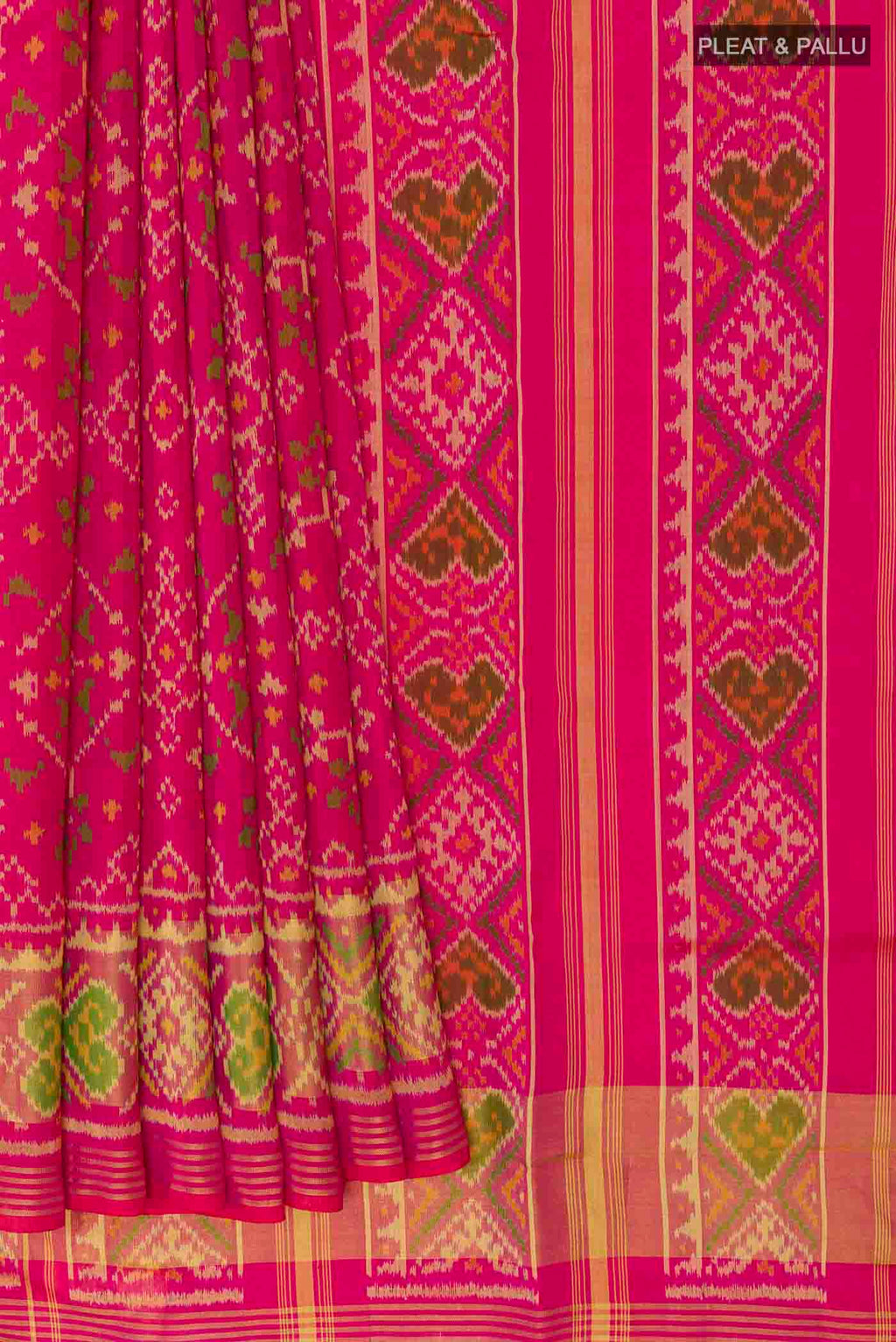 Pleats and pallu of Pink Rajkot Patola Silk Saree with Ikat design on the body and Zari Border