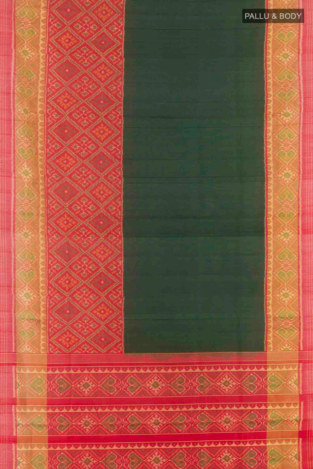 Flat view of Green Rajkot Patola Silk Saree with Plain Body and Zari Border