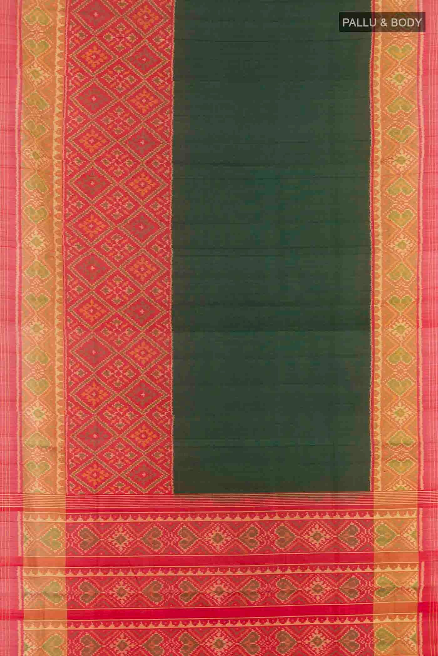 Flat view of Green Rajkot Patola Silk Saree with Plain Body and Zari Border