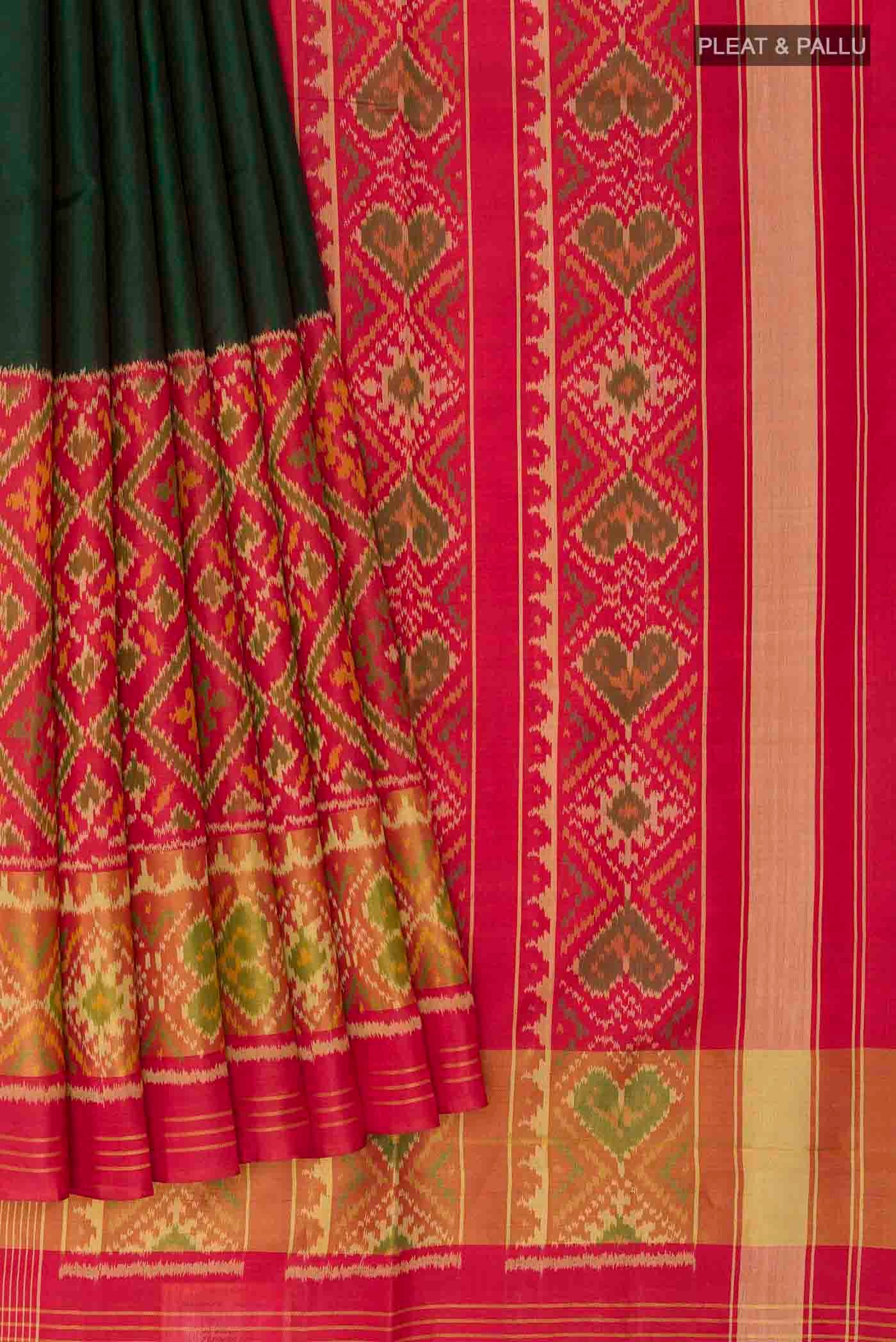 Pleats and pallu of Green Rajkot Patola Silk Saree with Plain Body and Zari Border