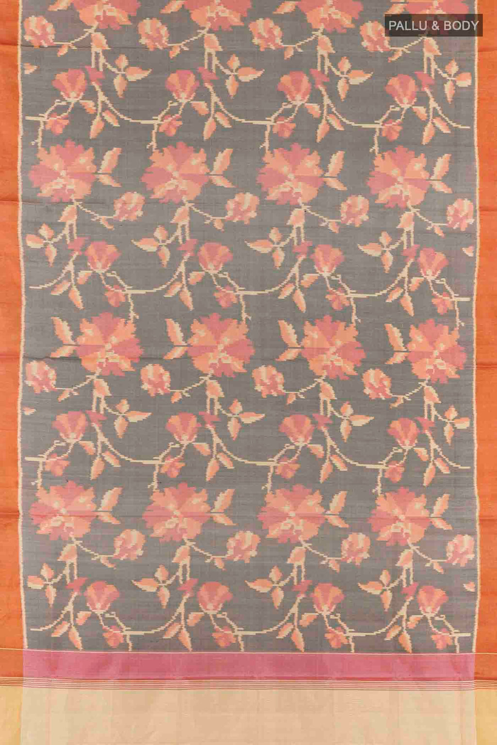 Flat view of Grey Rajkot Patola Silk Saree with Pure Ikat on the body and Zari Border