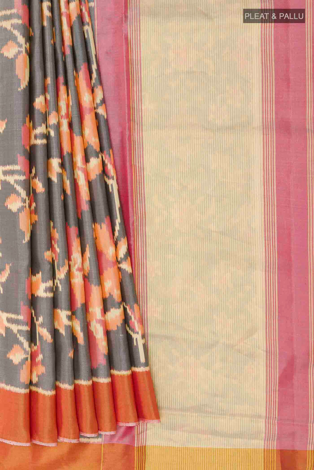 Pleats and pallu of Grey Rajkot Patola Silk Saree with Pure Ikat on the body and Zari Border