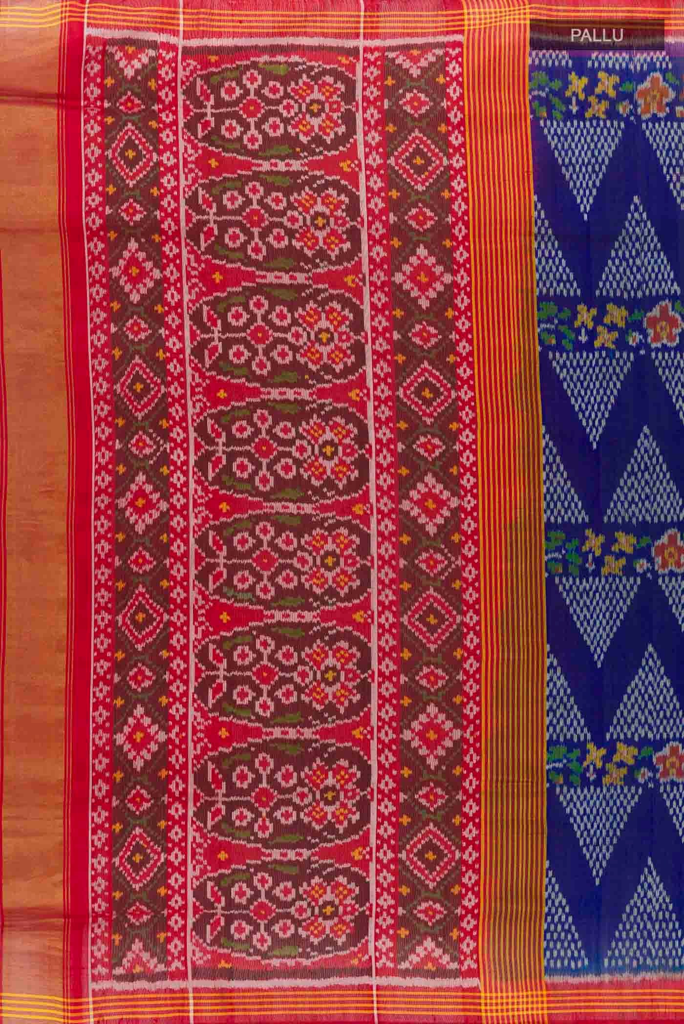 Close up image of the pallu of Blue Rajkot Patola Silk Saree with Pure Ikat on the body and Zari Border