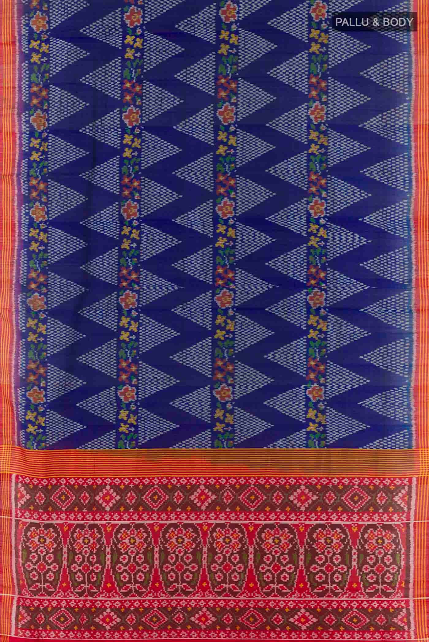 Flat view of Blue Rajkot Patola Silk Saree with Pure Ikat on the body and Zari Border