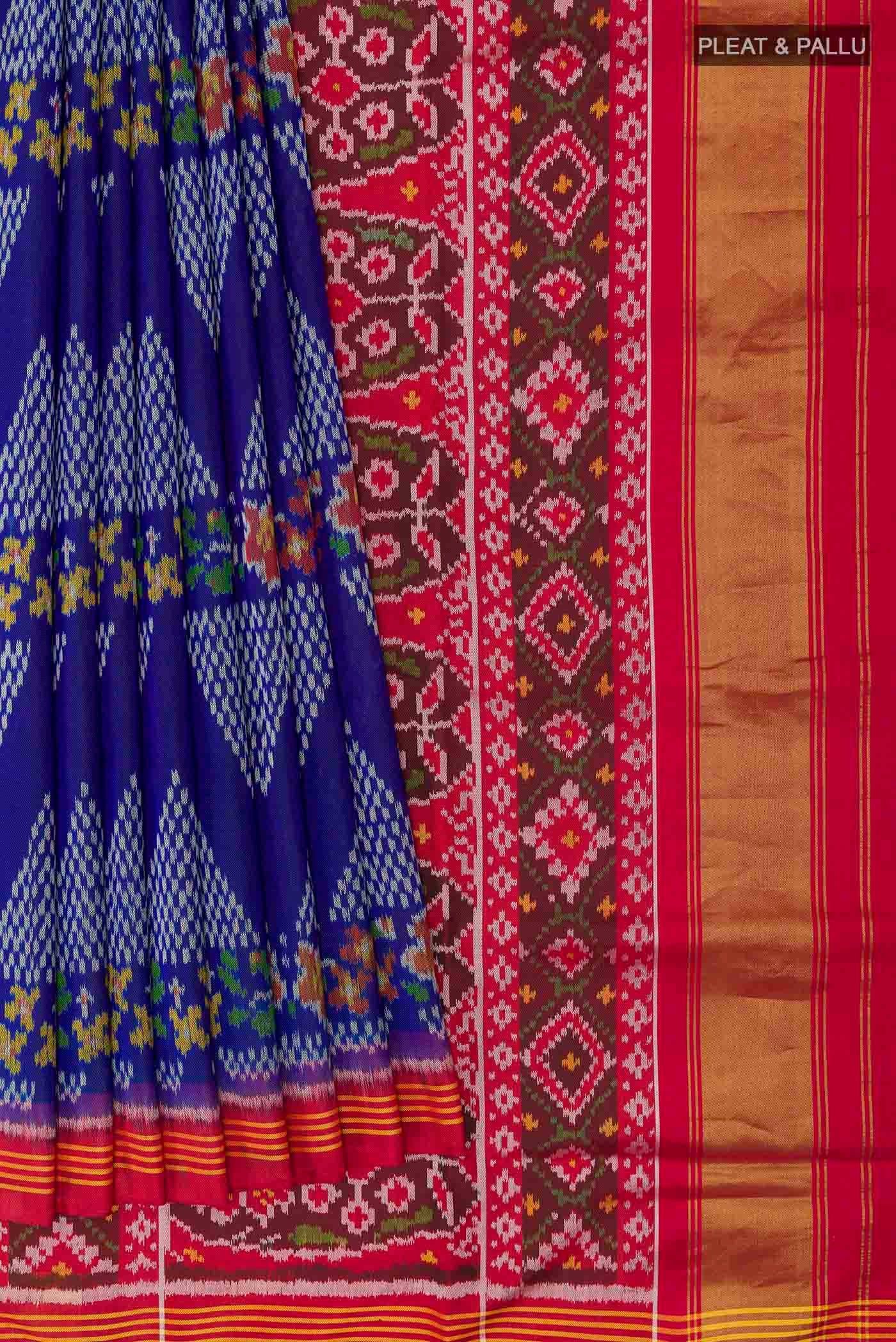Pleats and pallu of Blue Rajkot Patola Silk Saree with Pure Ikat on the body and Zari Border