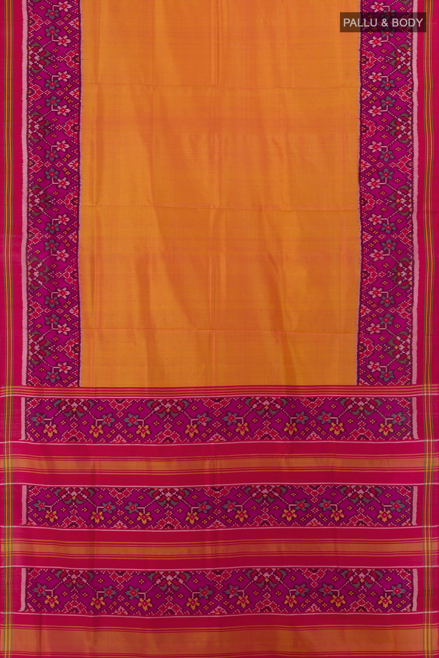 Flat view of Mustard Rajkot Patola Silk Saree with Plain Body and Ikat Border. 