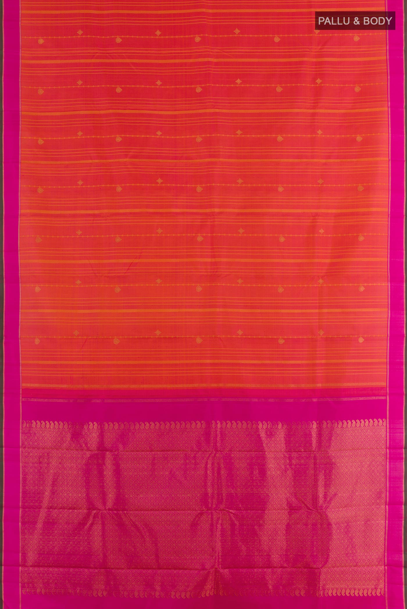Flat view of Brick Orange Kanjivaram Silk Saree with Zari Butta on the body and Plain Border. 