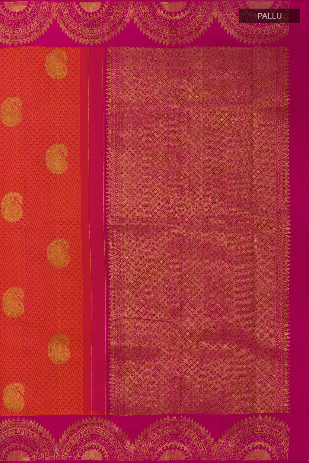 Close up image of the pallu of Brick Orange Kanchipuram Silk Saree with Jacquard With Zari Butta on the body and Fancy Border. 