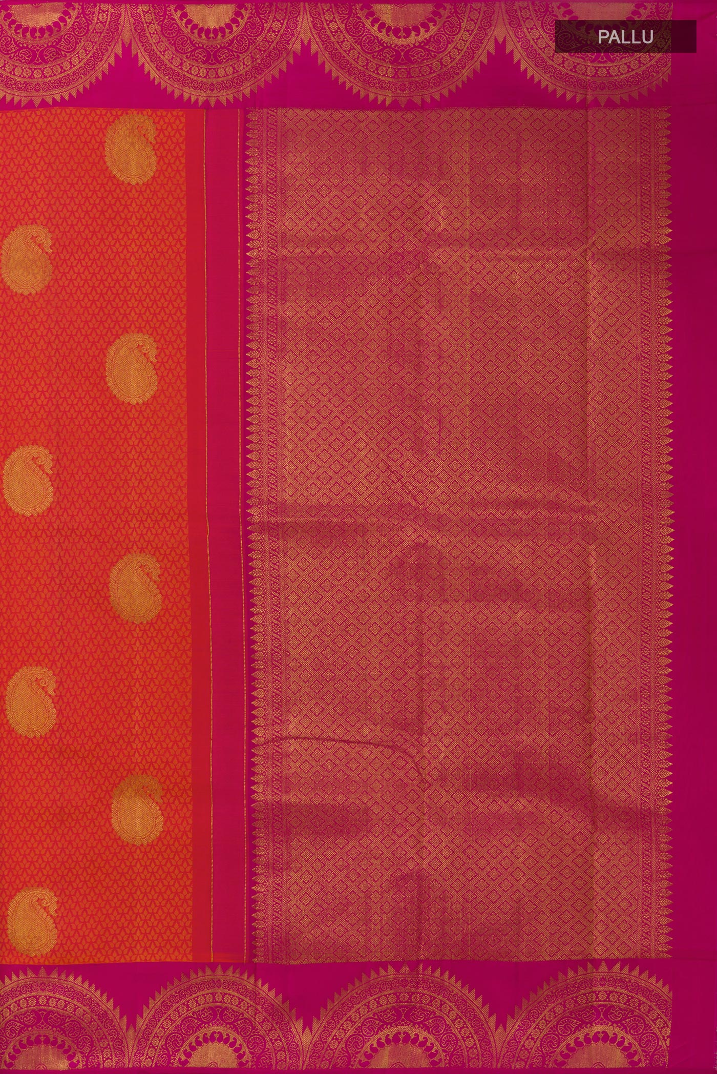 Close up image of the pallu of Brick Orange Kanchipuram Silk Saree with Jacquard With Zari Butta on the body and Fancy Border. 