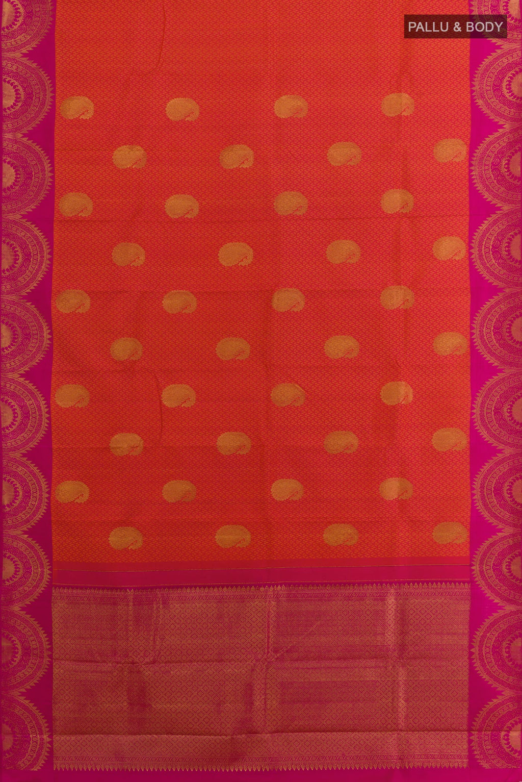 Flat view of Brick Orange Kanchipuram Silk Saree with Jacquard With Zari Butta on the body and Fancy Border. 