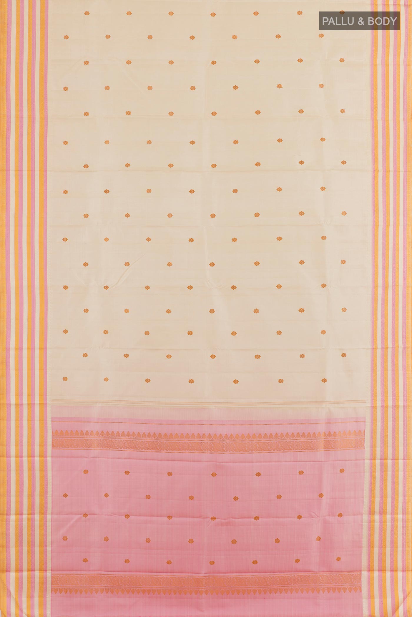 Flat view of White Kanjivaram Silk Saree with Thread Butta on the body and Without Border. 