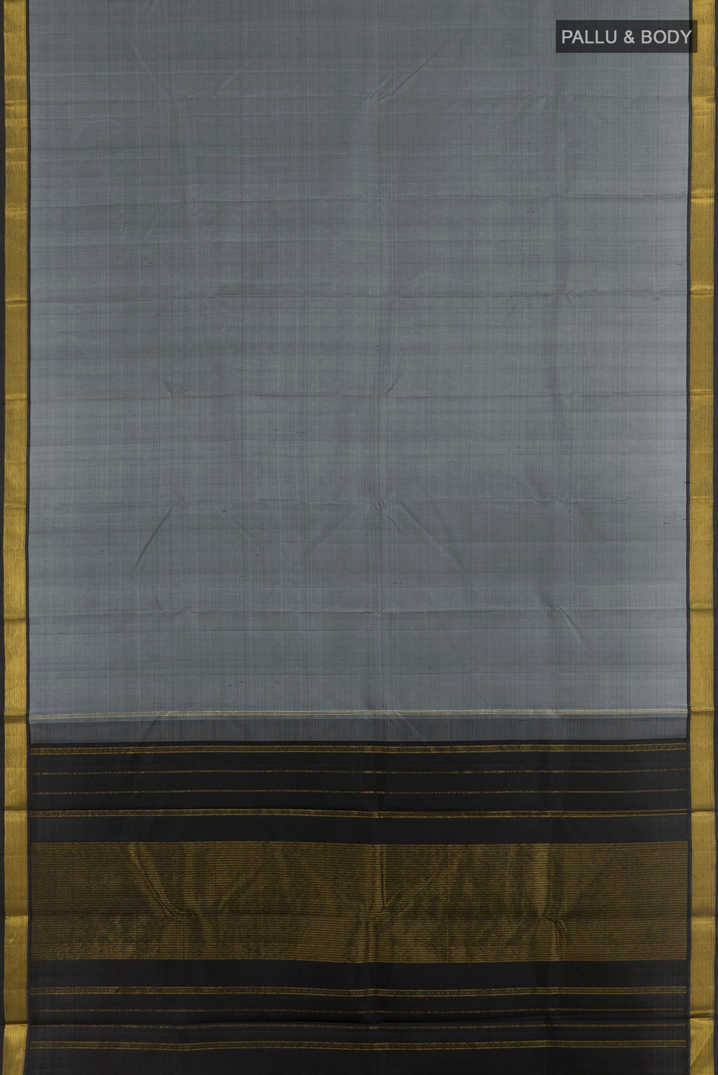Flat view of Grey Kanjivaram Silk Saree with Plain Body and Zari Border. 