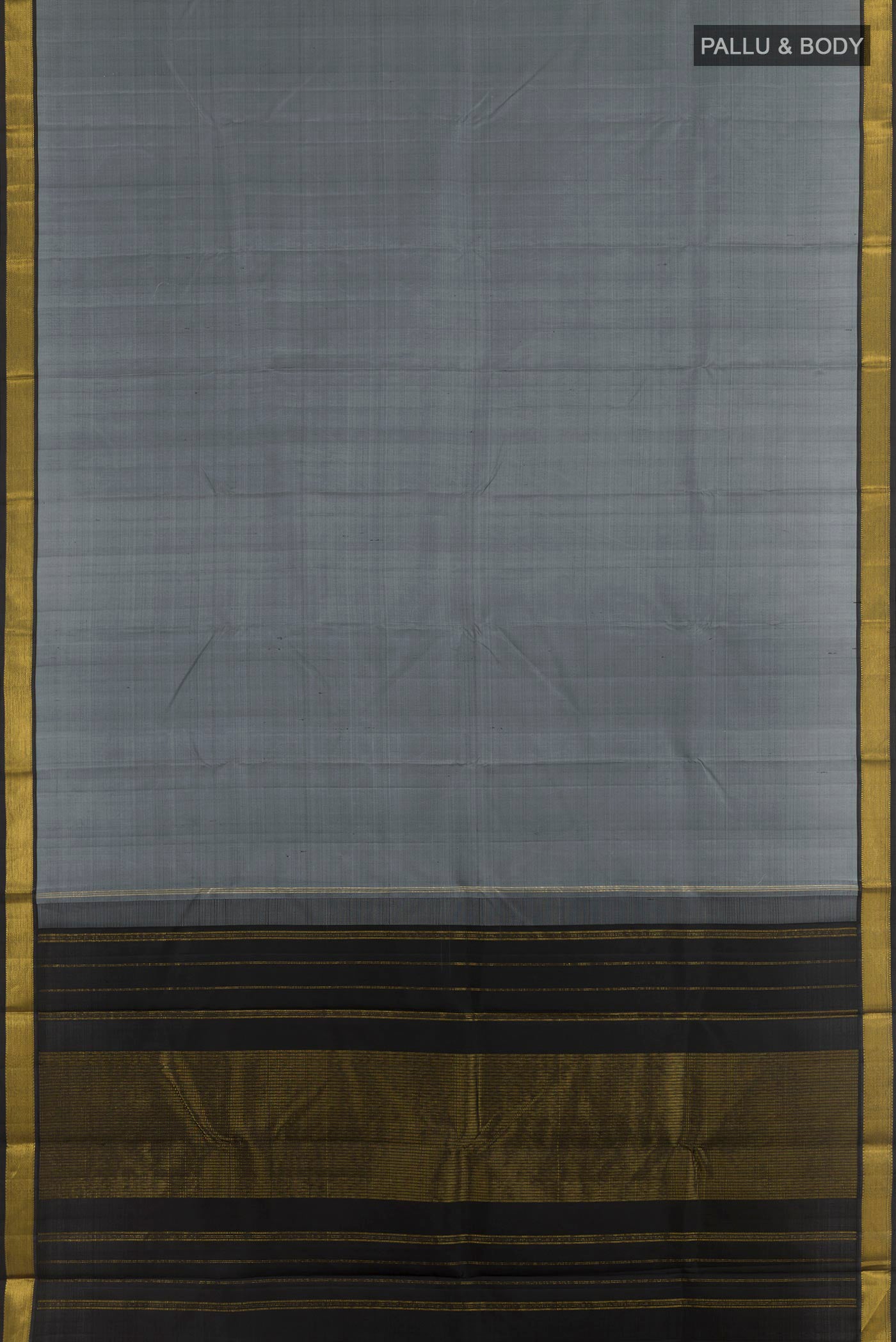 Flat view of Grey Kanjivaram Silk Saree with Plain Body and Zari Border. 