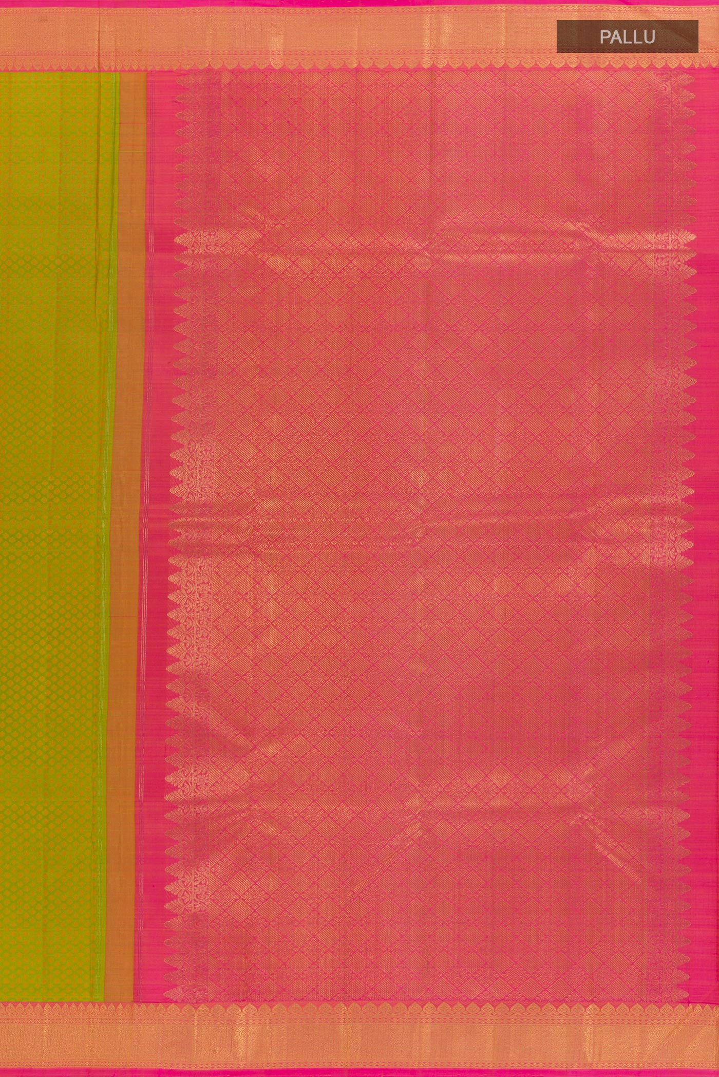 Close up image of the pallu of Green Kanchipuram Silk Saree with Jacquard design on the body and Zari Border. 
