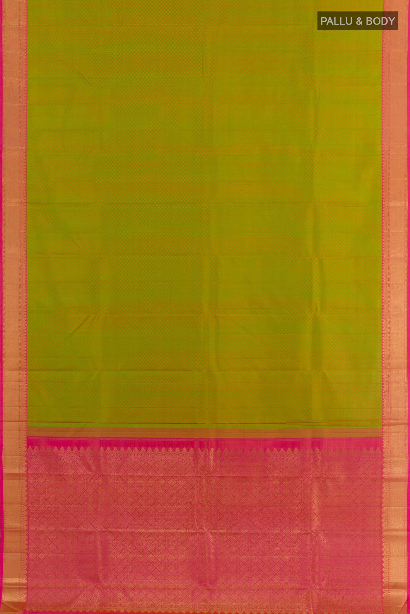Flat view of Green Kanchipuram Silk Saree with Jacquard design on the body and Zari Border. 