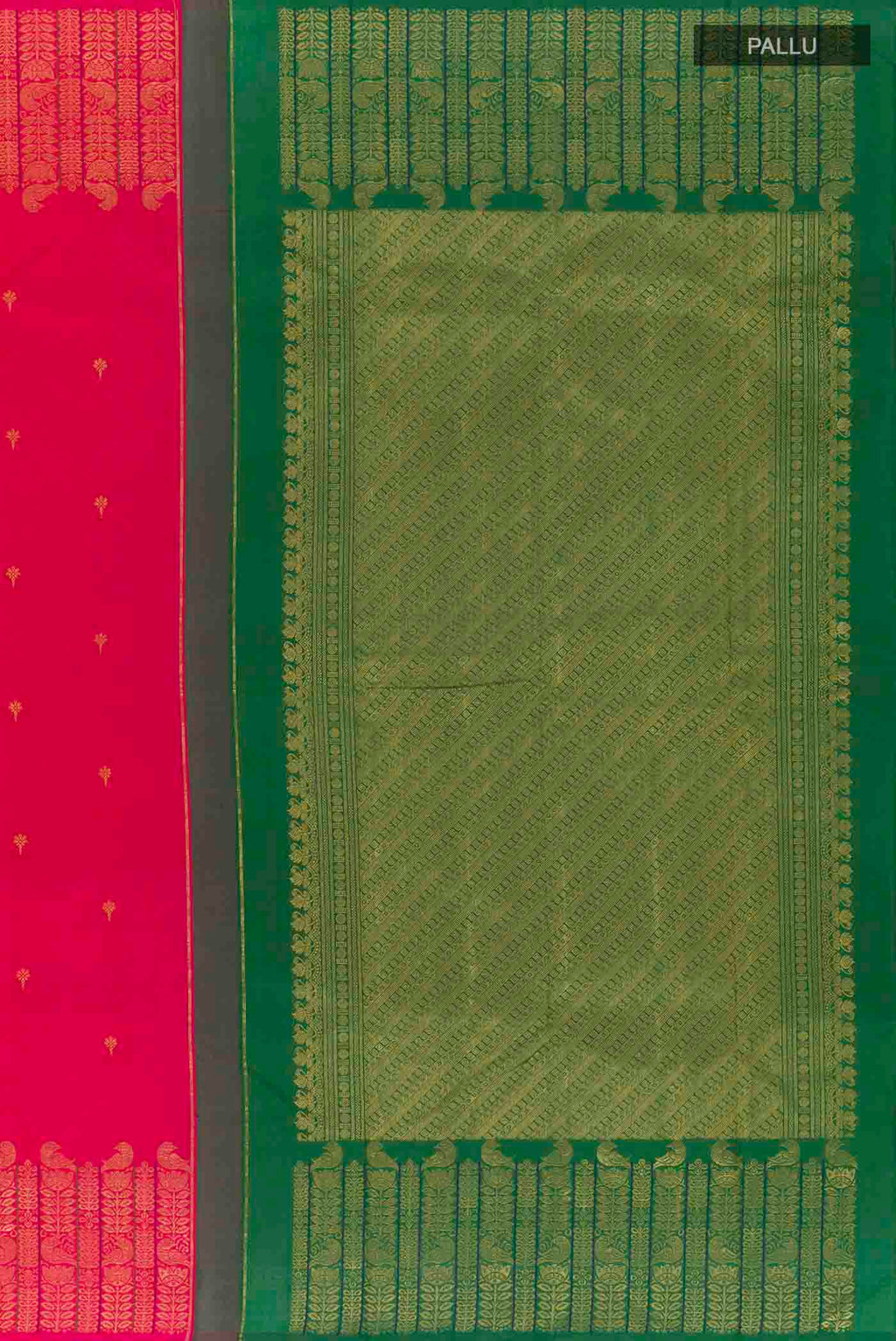 Close up image of the pallu of Pink Kanchipuram Silk Saree with Zari Butta on the body and Zari Border
