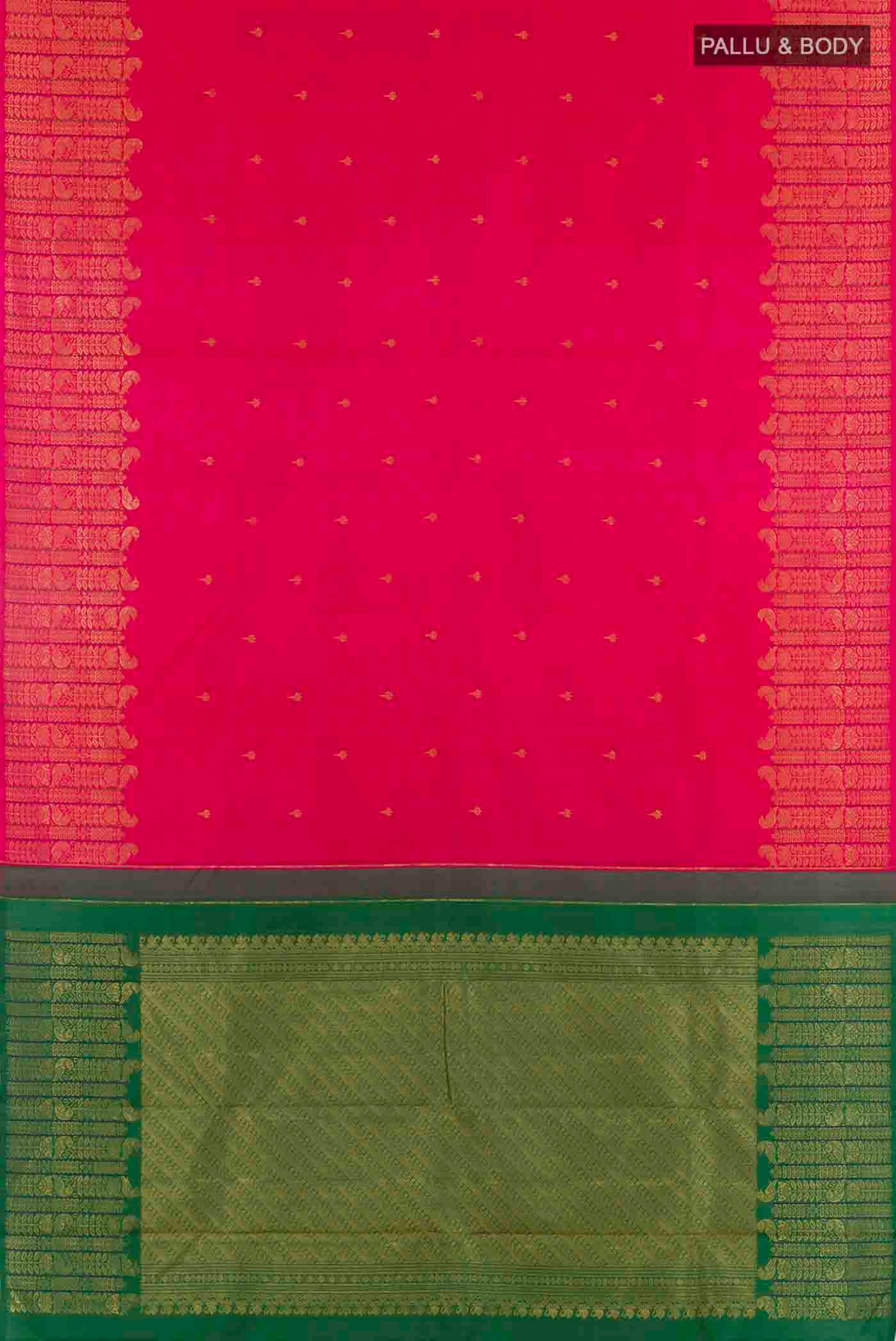 Flat view of Pink Kanchipuram Silk Saree with Zari Butta on the body and Zari Border