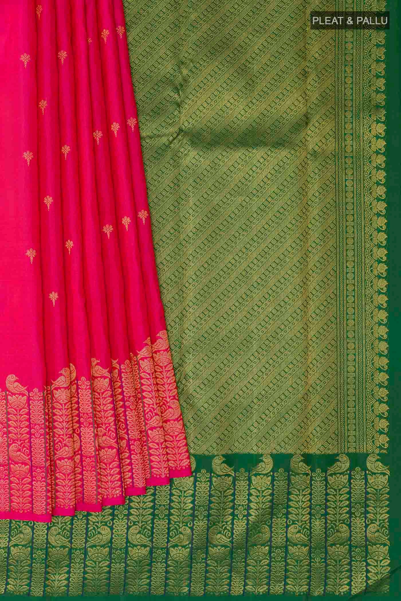 Pleats and pallu of Pink Kanchipuram Silk Saree with Zari Butta on the body and Zari Border