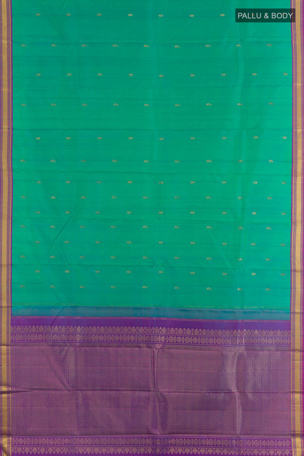 Flat view of Sea Green Kanchipuram Silk Saree with Zari Butta on the body and Zari Border. 