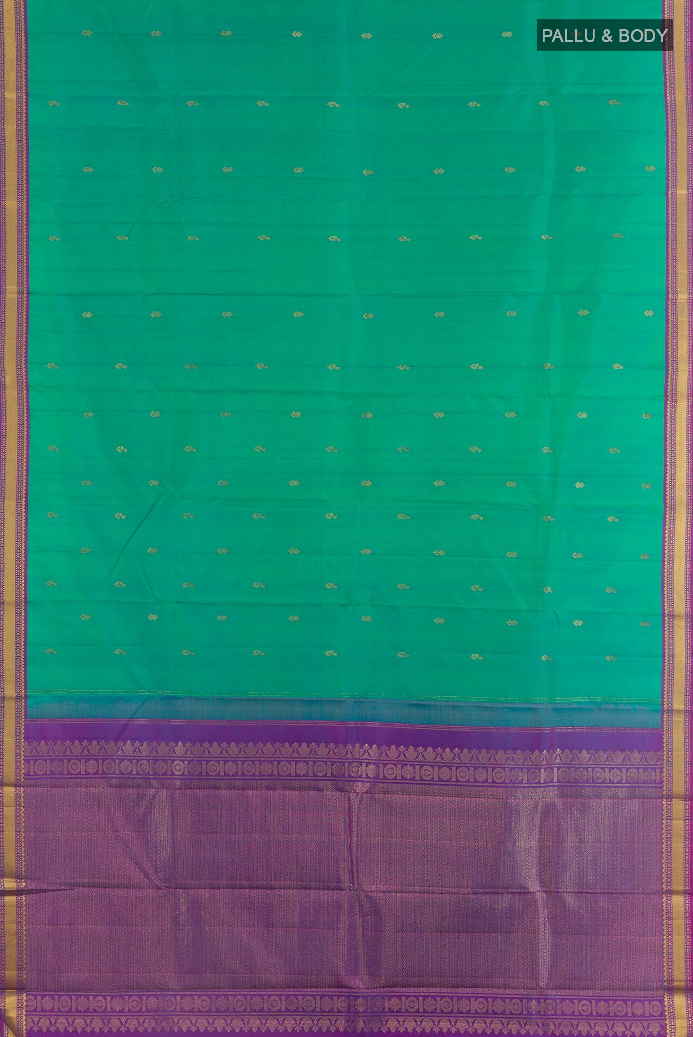 Flat view of Sea Green Kanchipuram Silk Saree with Zari Butta on the body and Zari Border. 