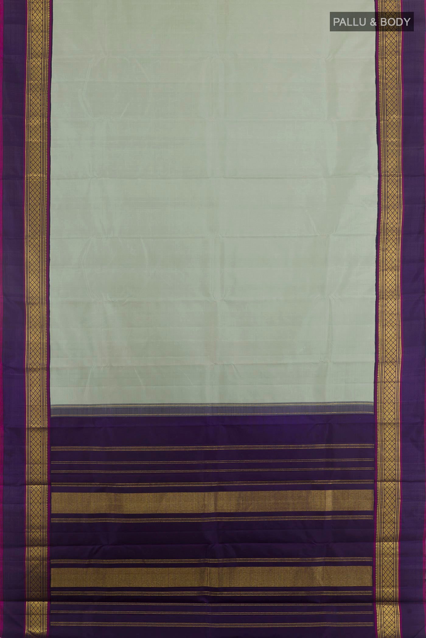 Flat view of Grey Kanjivaram Silk Saree with Plain Body and Zari Border. 