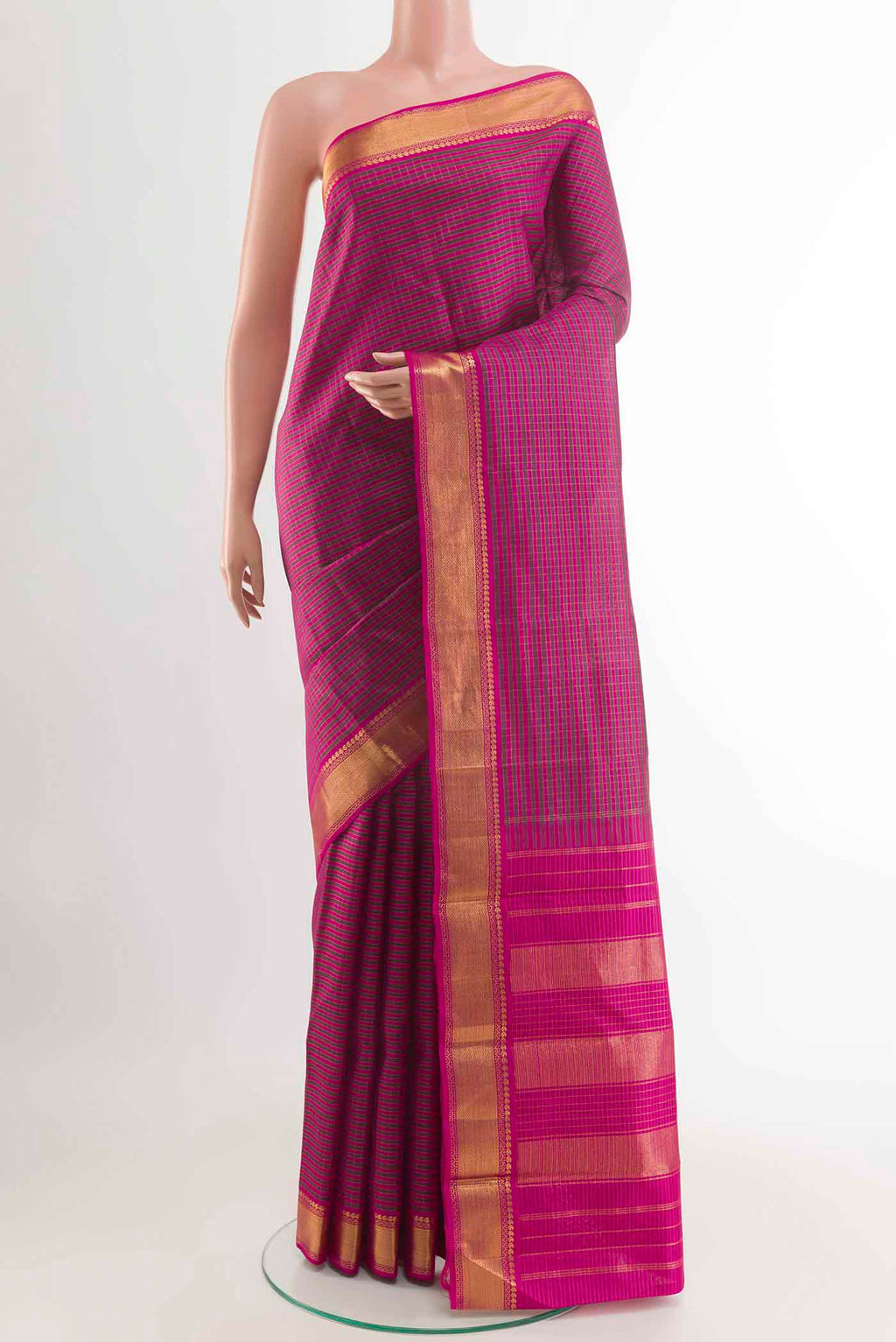 Dark Pink Kanchipuram Silk Saree with Checked design on the body and Plain Border displayed on a mannequin