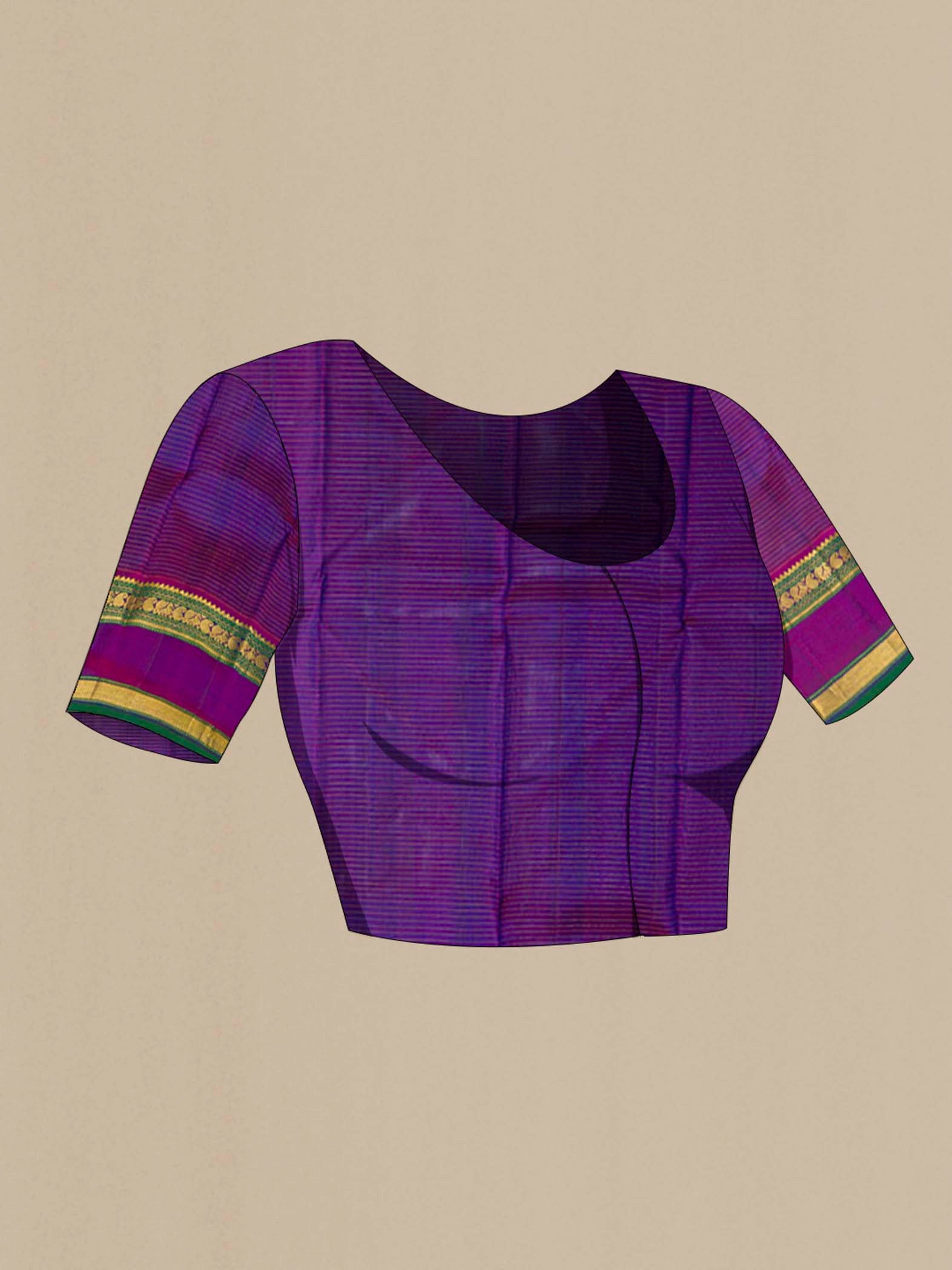 Close up image of the blouse of Blue Kanchipuram Silk Saree with Checked design on the body and Zari Border