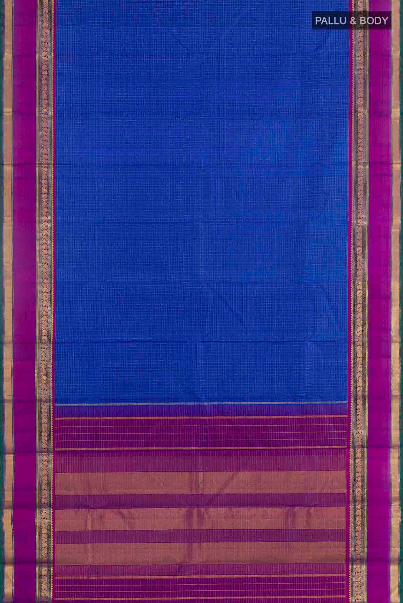 Flat view of Blue Kanchipuram Silk Saree with Checked design on the body and Zari Border