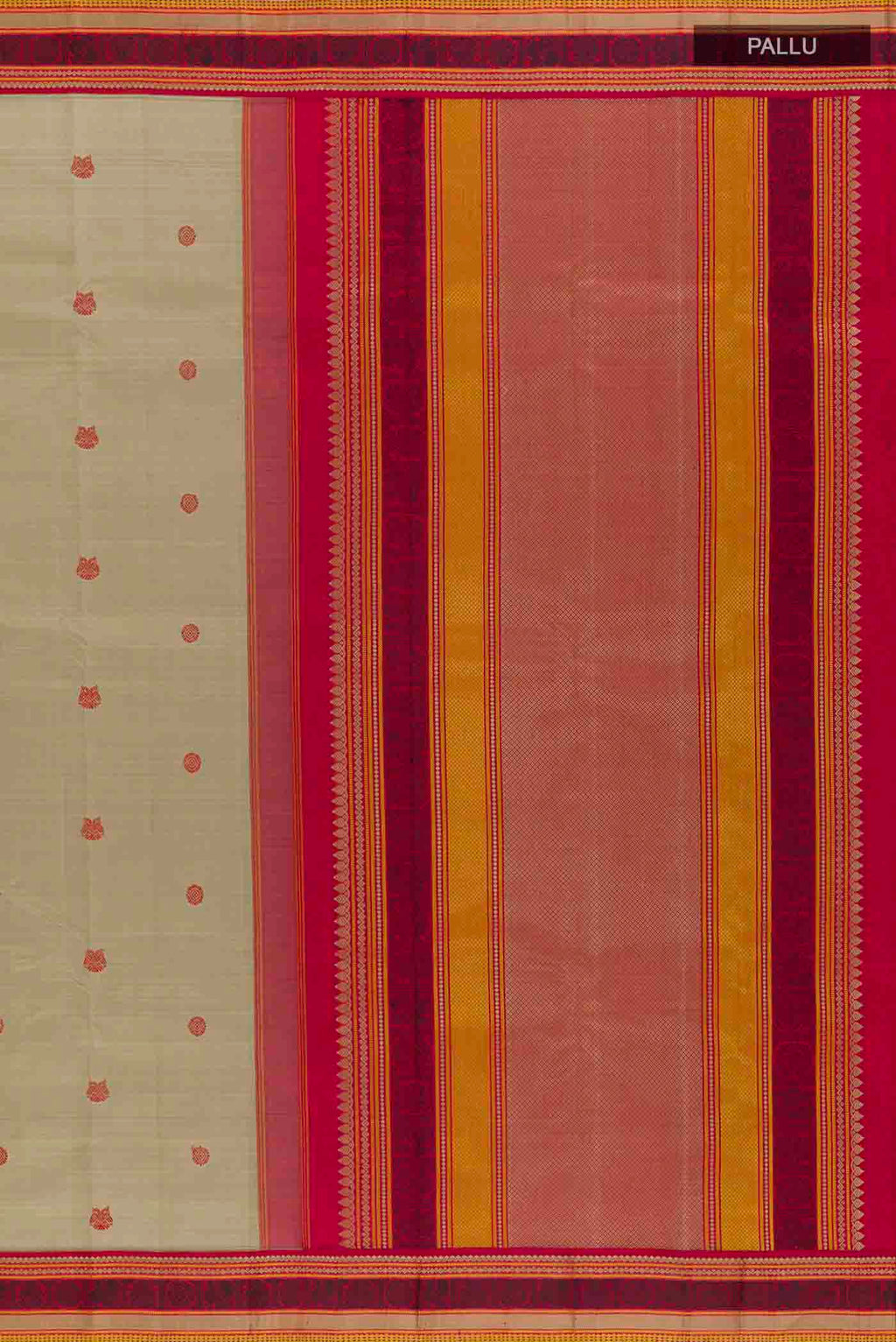 Close up image of the pallu of Beige Kanchipuram Silk Saree with Thread Butta on the body and Thread Border