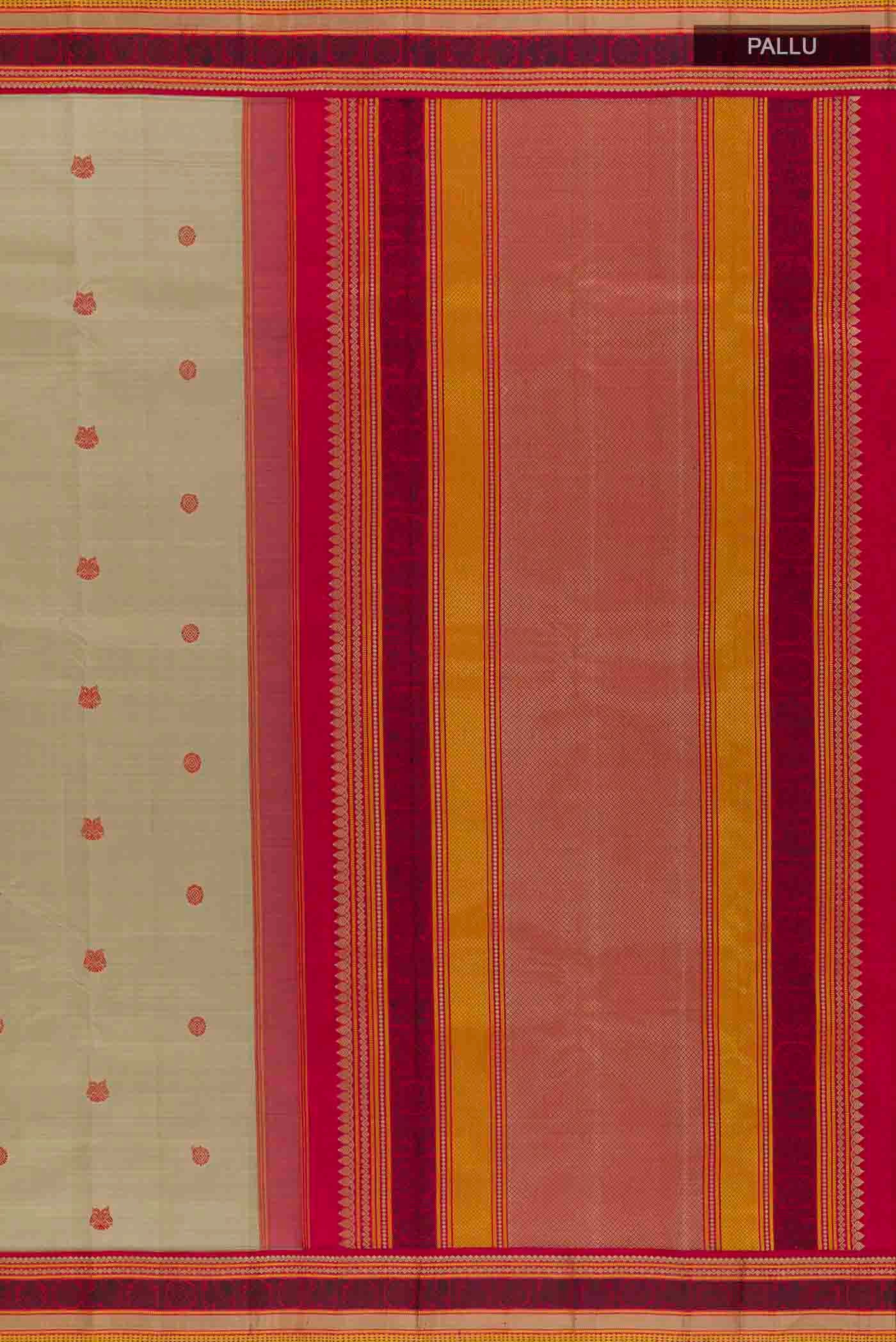 Close up image of the pallu of Beige Kanchipuram Silk Saree with Thread Butta on the body and Thread Border