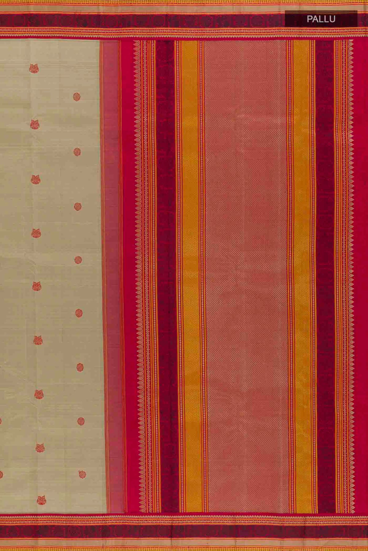 Close up image of the pallu of Beige Kanchipuram Silk Saree with Thread Butta on the body and Thread Border