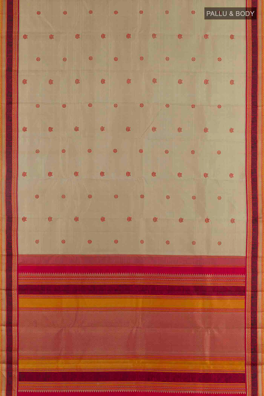 Flat view of Beige Kanchipuram Silk Saree with Thread Butta on the body and Thread Border