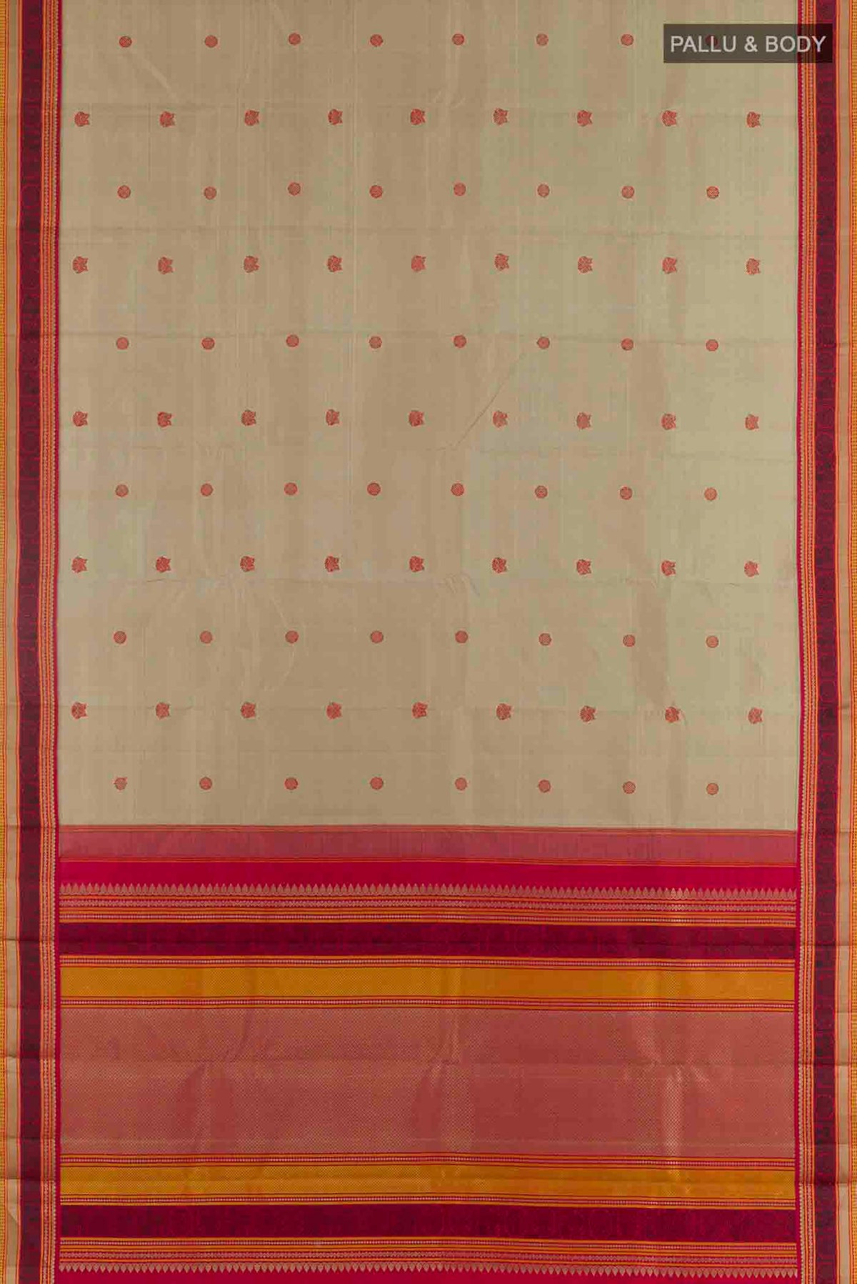 Flat view of Beige Kanchipuram Silk Saree with Thread Butta on the body and Thread Border