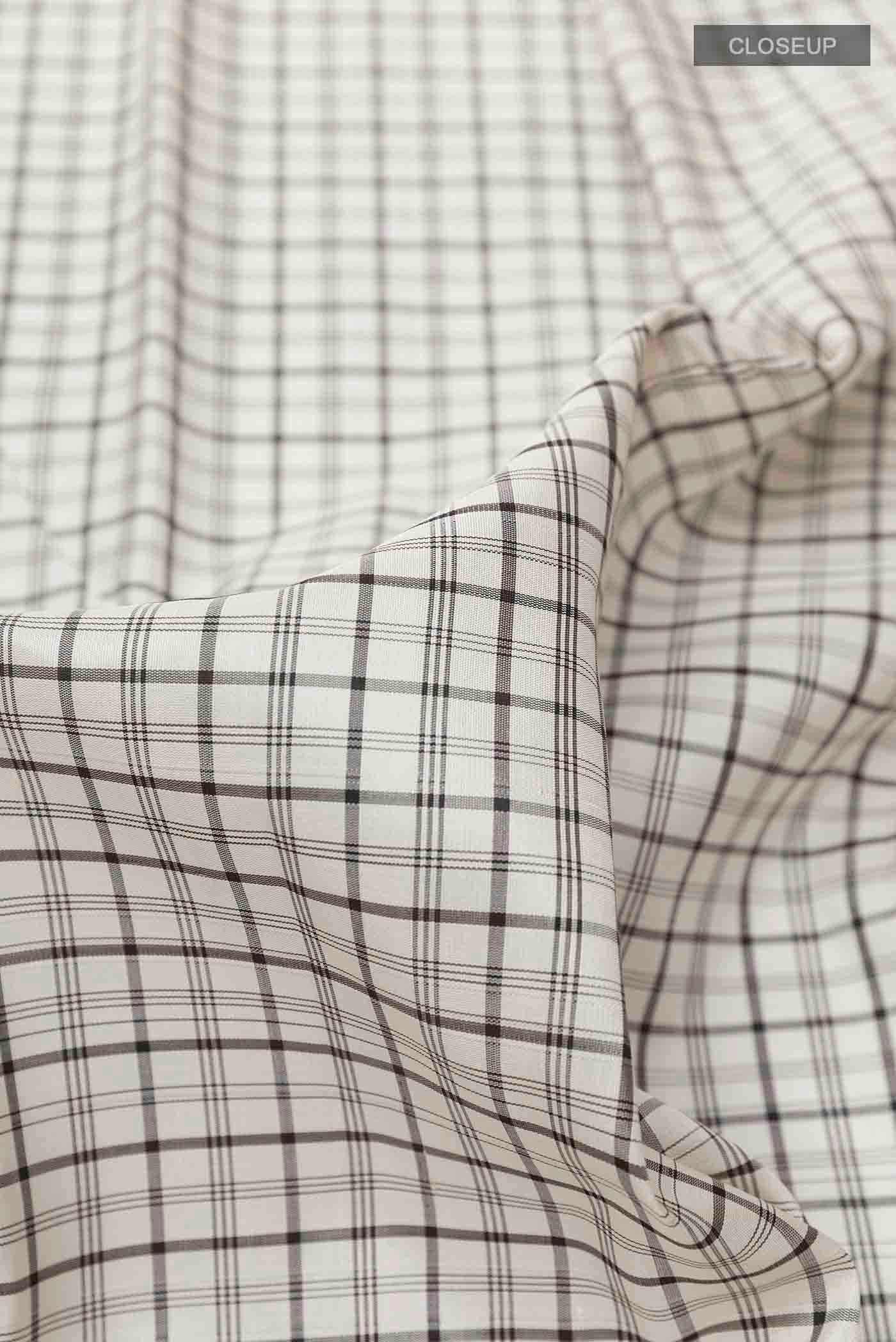 Close up of White Kanchipuram Silk Saree with Checked design on the body and Zari Border displaying folds