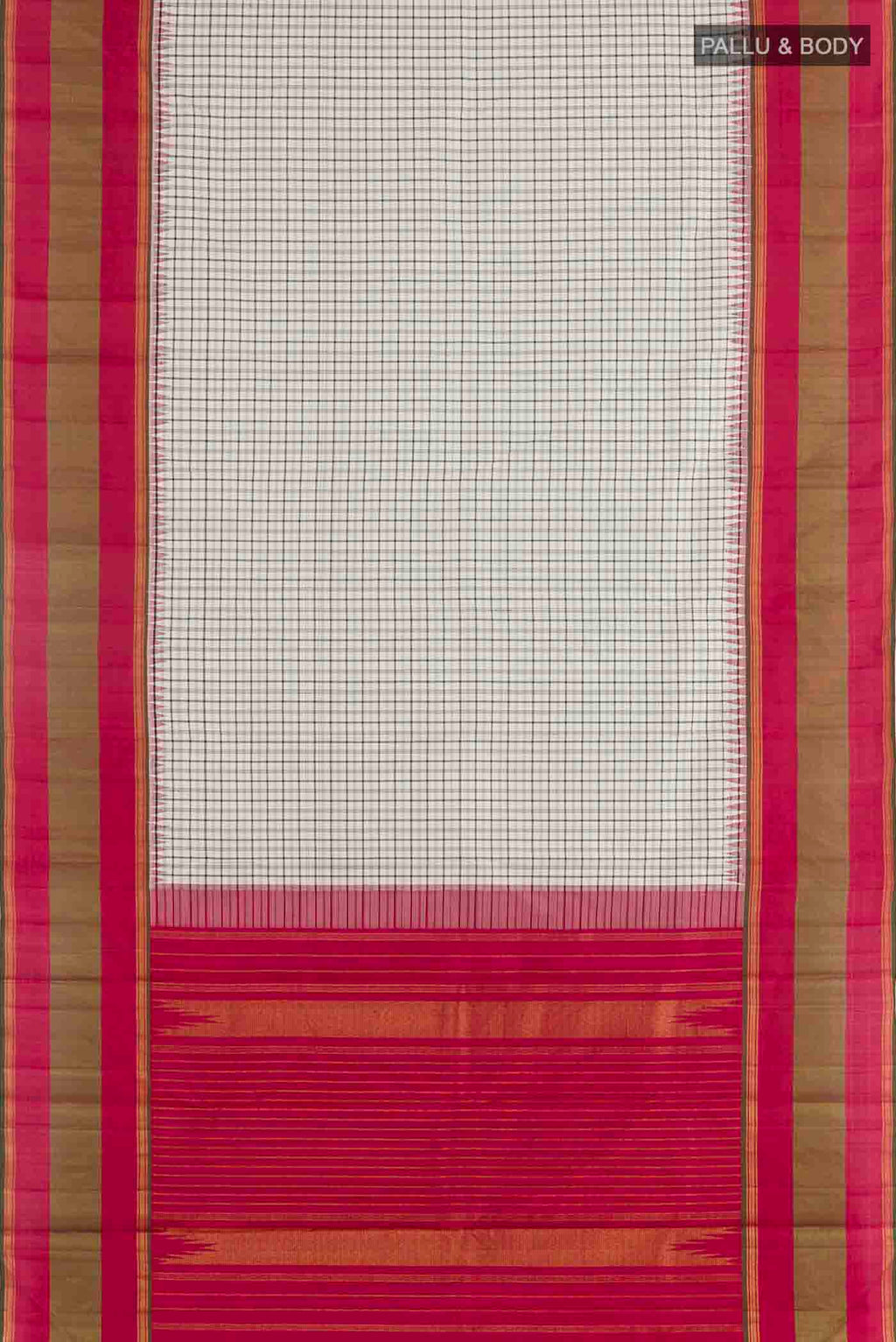 Flat view of White Kanchipuram Silk Saree with Checked design on the body and Zari Border