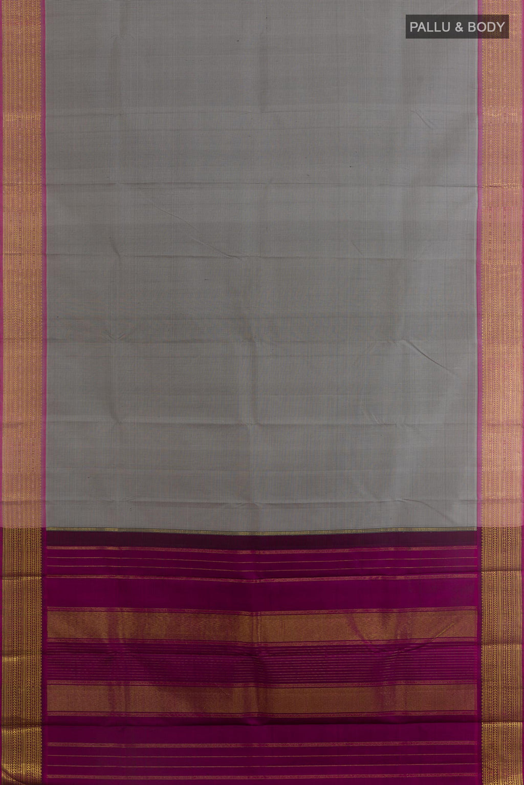 Flat view of Grey Kanchipuram Silk Saree with Checked design on the body and Zari Border. 