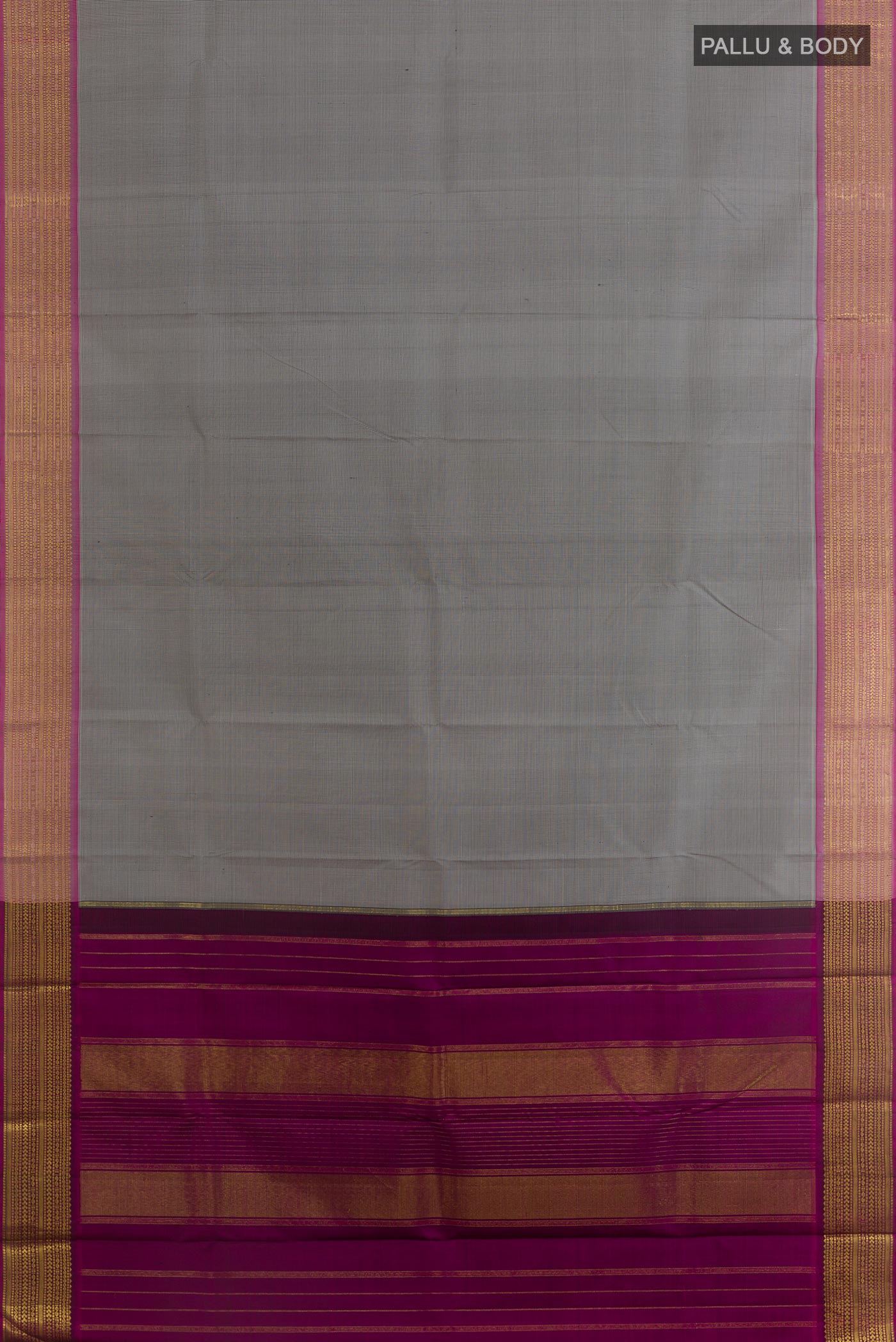 Flat view of Grey Kanchipuram Silk Saree with Checked design on the body and Zari Border. 