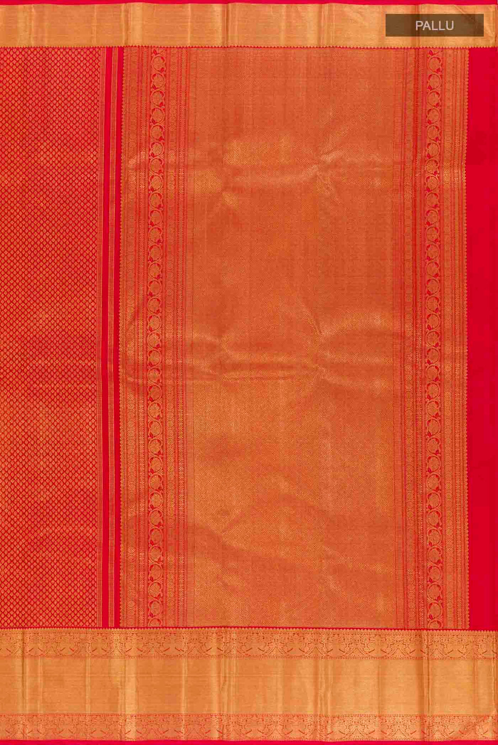 Close up image of the pallu of Pure Silk Pure Zari Red Kanchipuram Saree with Zari Butta on the body and Zari Border